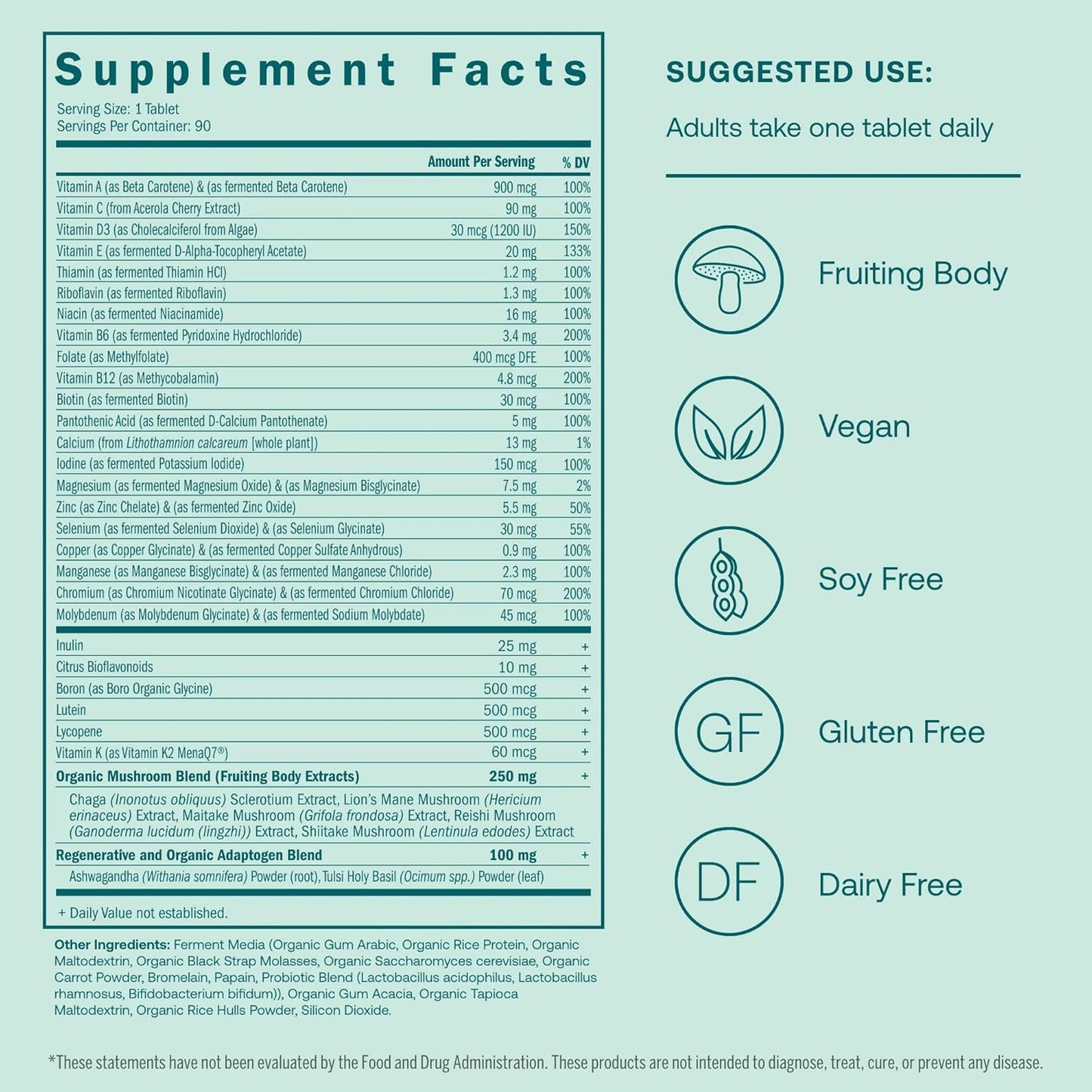 Men's 40+ Daily Multivitamin with Fermented Minerals, Organic Adaptogens & Mushrooms - Immune, Endurance, Bone & Heart Support - 90 Tablets