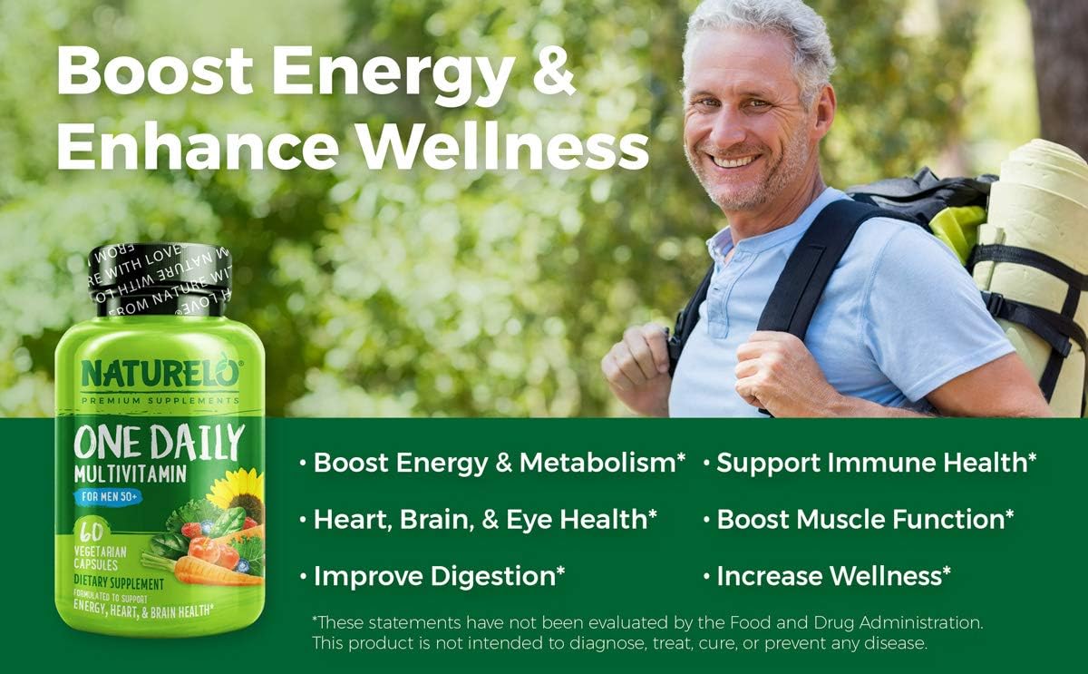 Men's 50+ Daily Multivitamin with Organic Whole Foods - Boost Energy & Health - Non-GMO - 120 Capsules