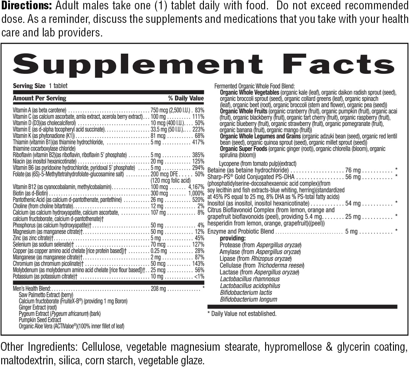 Men's 50+ Multivitamin with Coenzymated B Vitamins, Probiotics, and Whole Food Enzymes - 60 Tablets