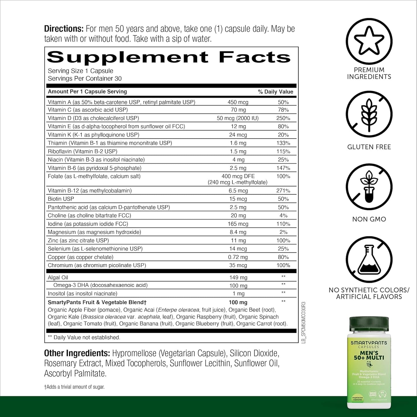 Men's 50+ Multivitamin with Omega-3 DHA, Zinc, Vitamins D3, C, B6, B12, A, Folate, Selenium - 30 Day Supply