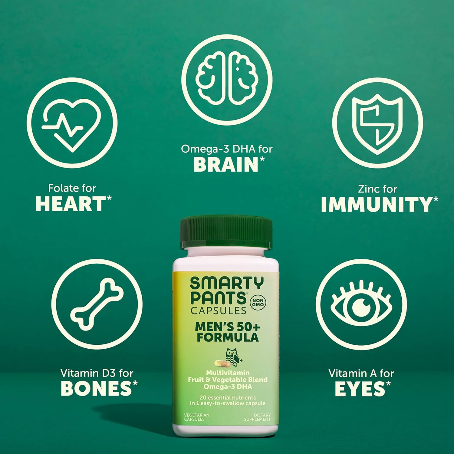 Men's 50+ Multivitamin with Omega-3 DHA, Zinc, Vitamins D3, C, B6, B12, A, Folate, Selenium - 30 Day Supply
