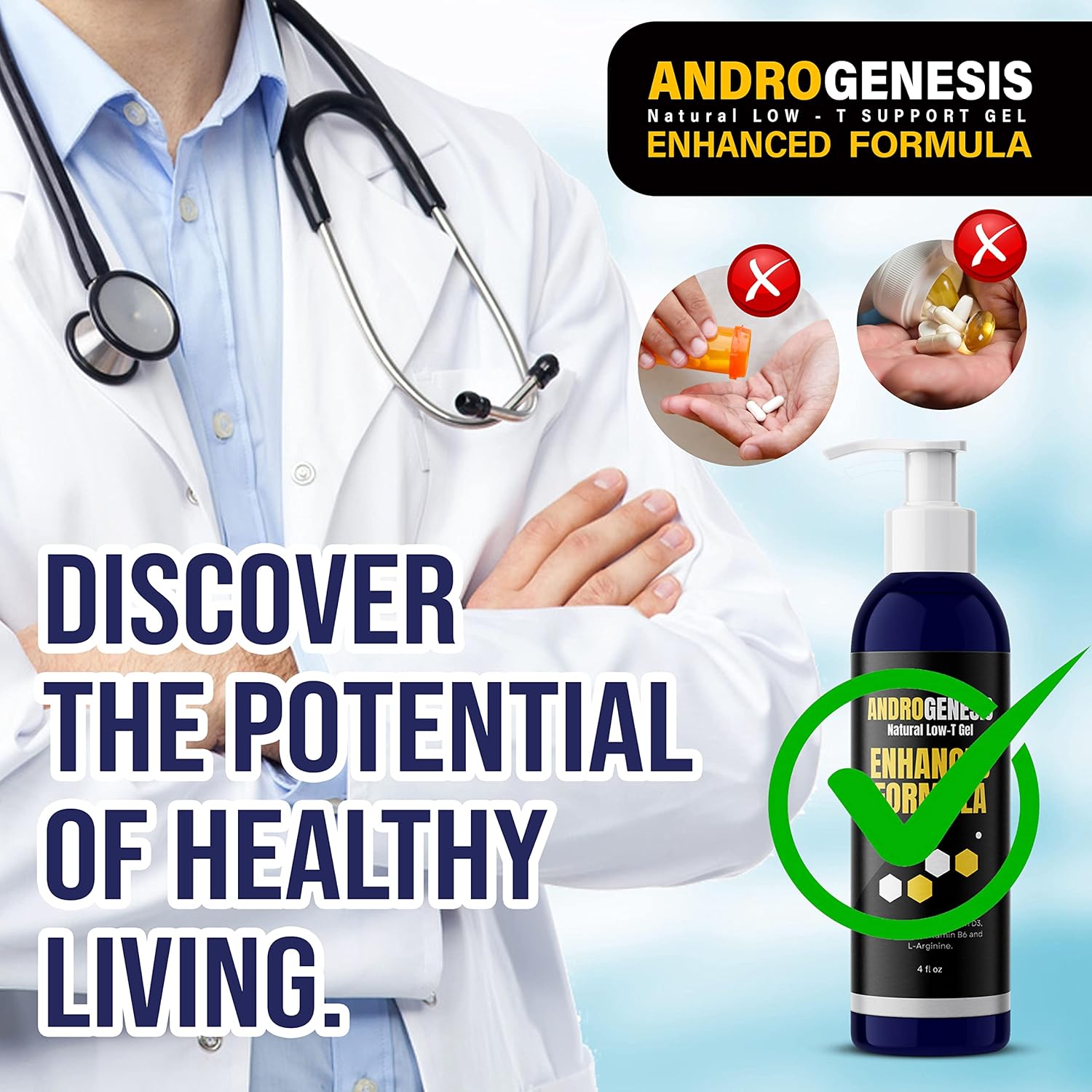 Men's Androgenesis Gel with Vitamins D3, K2, B6, L-Arginine - Muscle Recovery, Energy Boost, Healthy Aging - Low Testosterone Support Booster