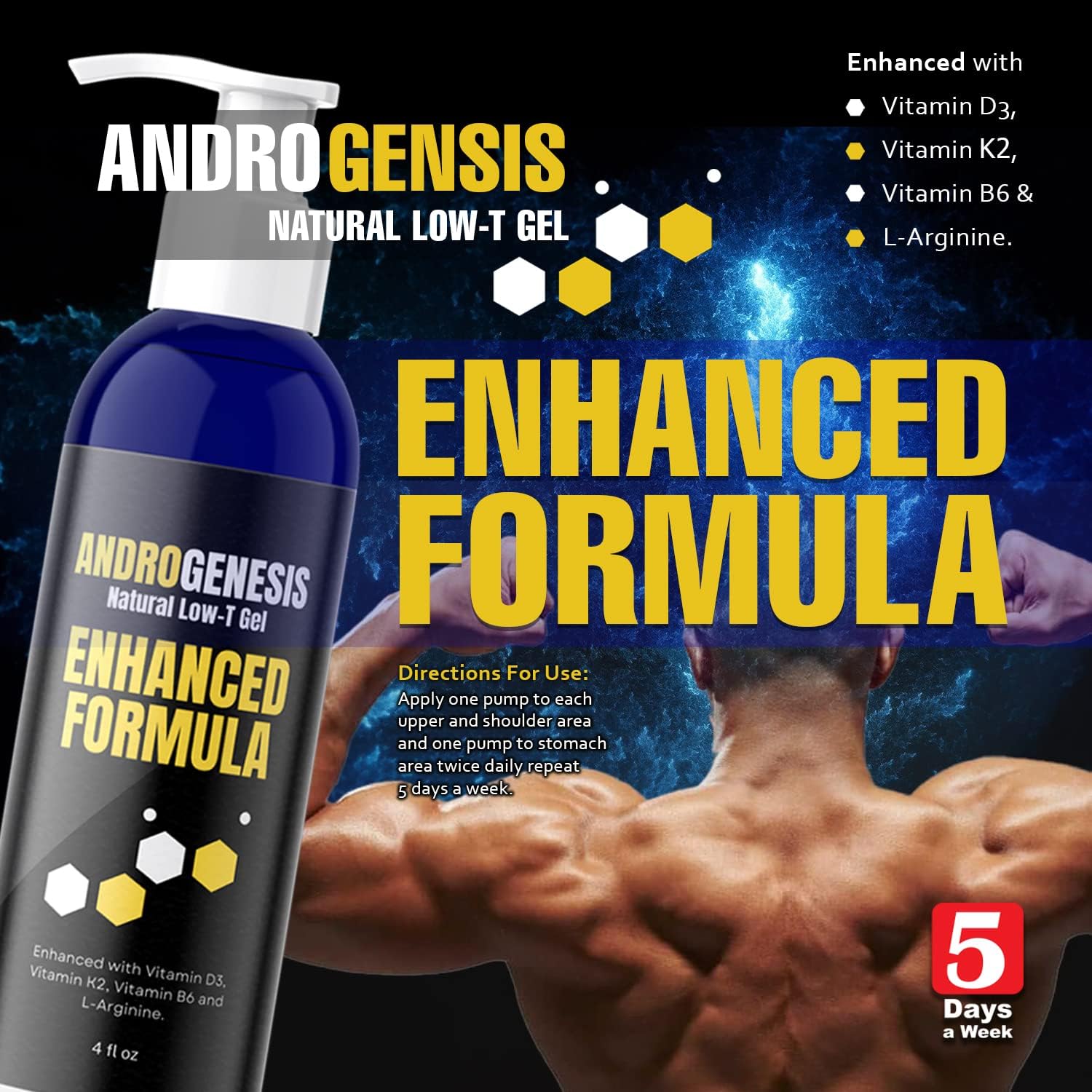 Men's Androgenesis Gel with Vitamins D3, K2, B6, L-Arginine - Muscle Recovery, Energy Boost, Healthy Aging - Low Testosterone Support Booster