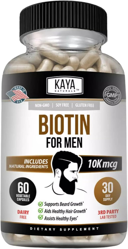 Men's Biotin Supplement for Beard & Hair Growth, Healthy Skin, Metabolism - 60ct by Kaya Naturals