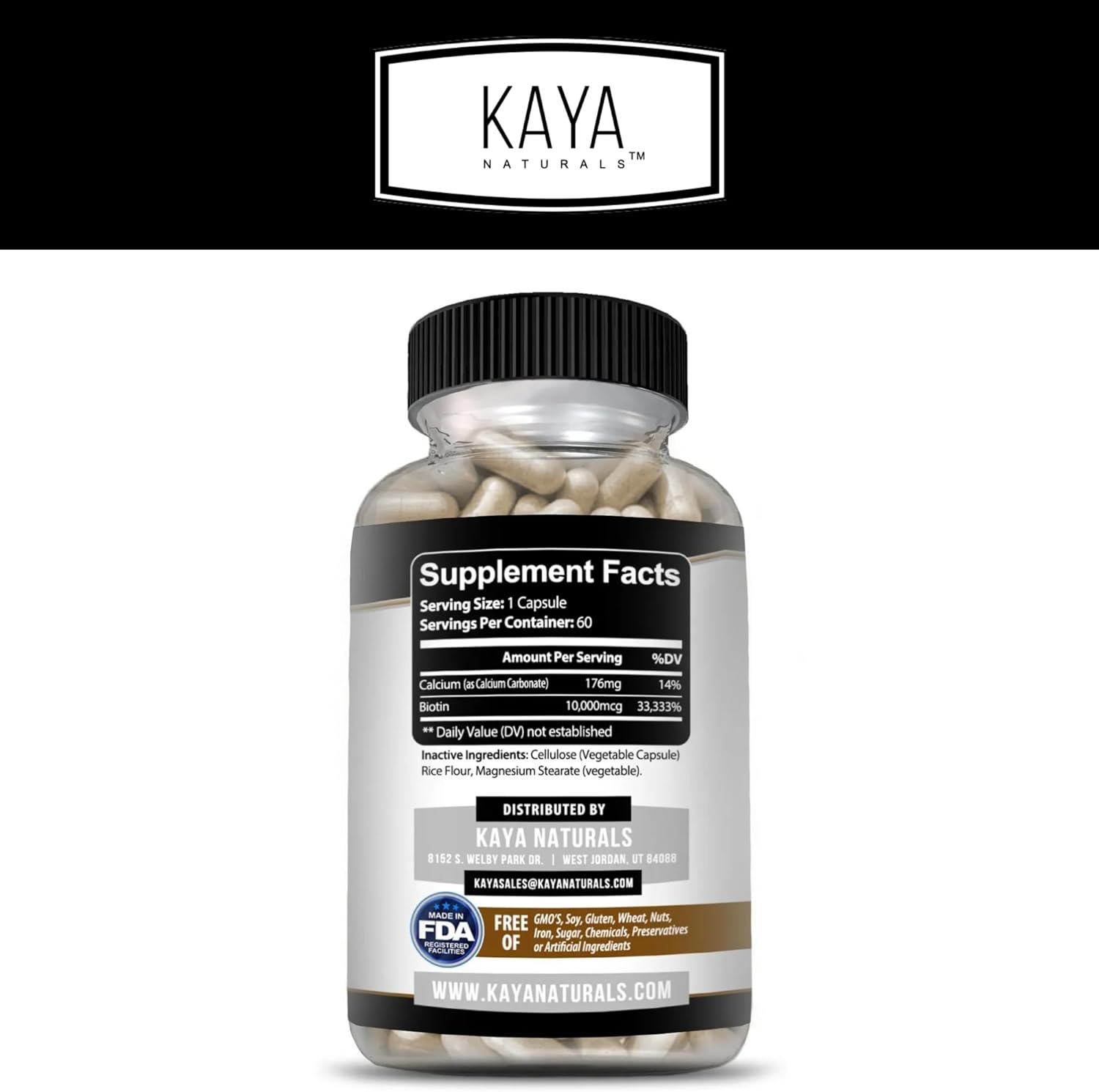 Men's Biotin Supplement for Beard & Hair Growth, Healthy Skin, Metabolism - 60ct by Kaya Naturals