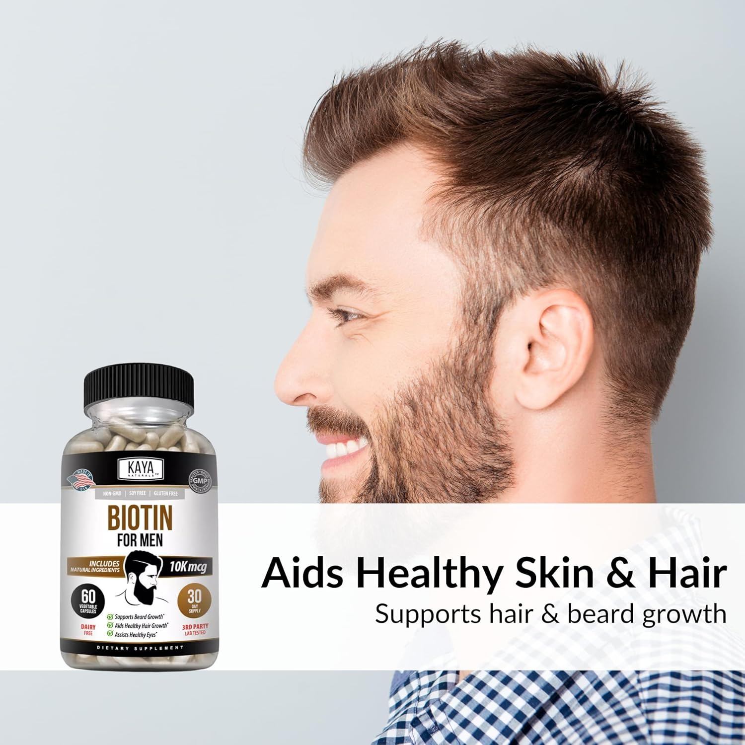 Men's Biotin Supplement for Beard & Hair Growth, Healthy Skin, Metabolism - 60ct by Kaya Naturals