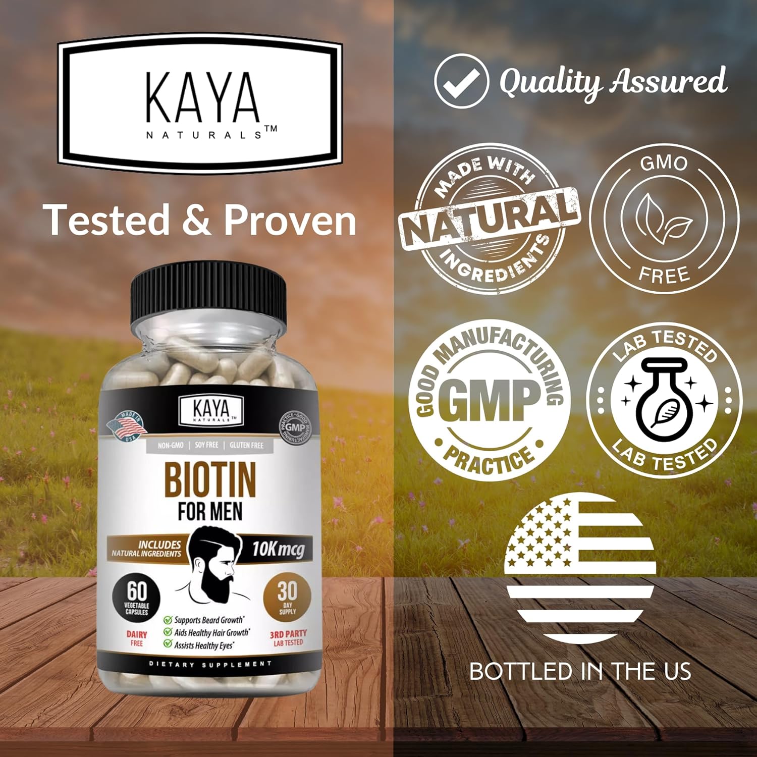 Men's Biotin Supplement for Beard & Hair Growth, Healthy Skin, Metabolism - 60ct by Kaya Naturals