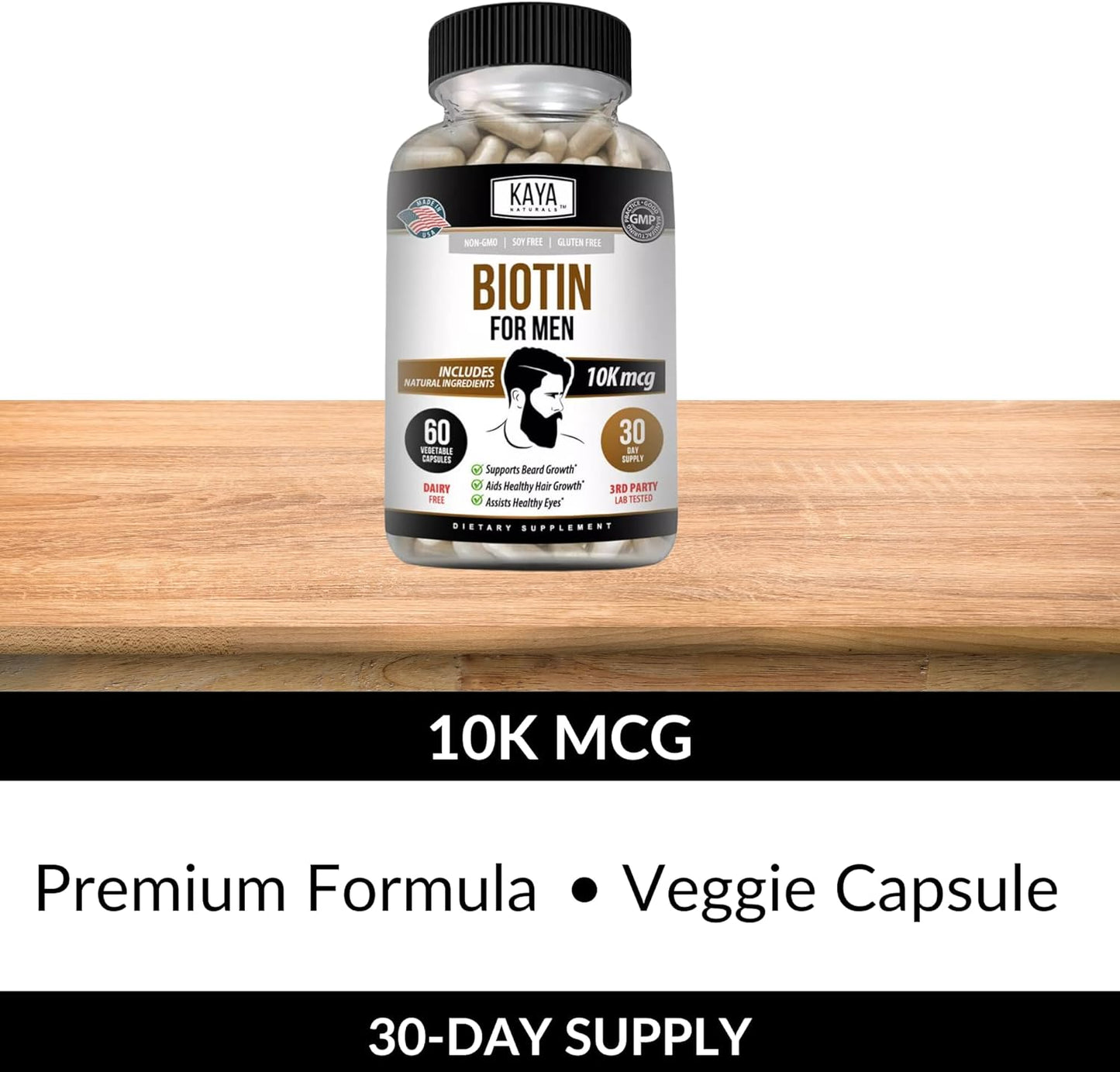 Men's Biotin Supplement for Beard & Hair Growth, Healthy Skin, Metabolism - 60ct by Kaya Naturals