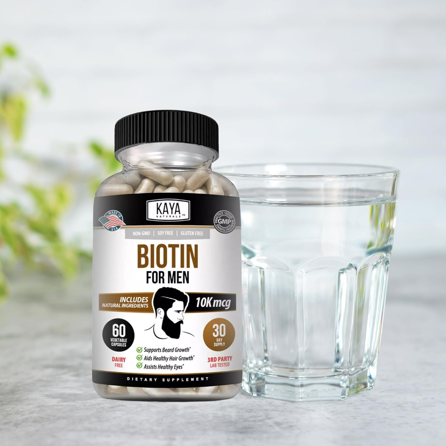 Men's Biotin Supplement for Beard & Hair Growth, Healthy Skin, Metabolism - 60ct by Kaya Naturals