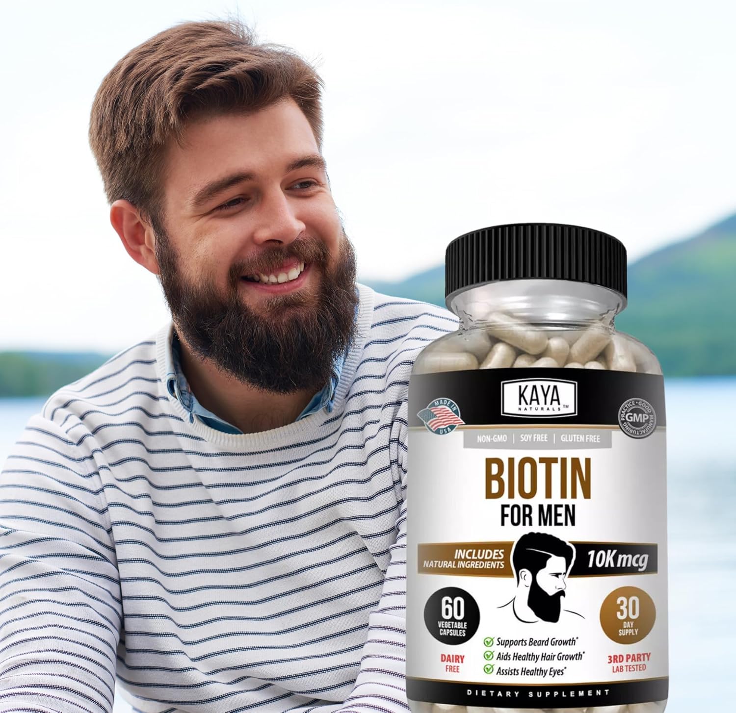 Men's Biotin Supplement for Beard & Hair Growth, Healthy Skin, Metabolism - 60ct by Kaya Naturals