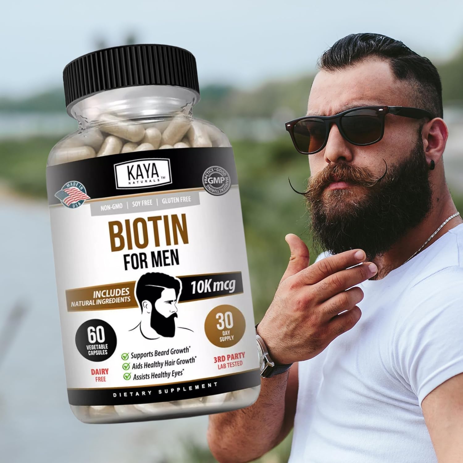 Men's Biotin Supplement for Beard & Hair Growth, Healthy Skin, Metabolism - 60ct by Kaya Naturals