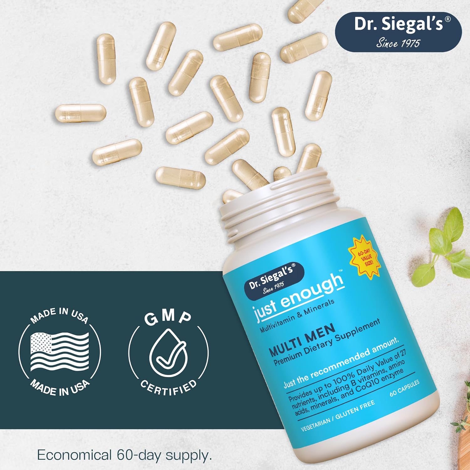Men's Daily Multivitamin Capsules - 60 Servings of Vegetarian Multivitamins for Men - Mens Multivitamin & Multi Minerals Supplement - Dr. Siegal's Just Enough