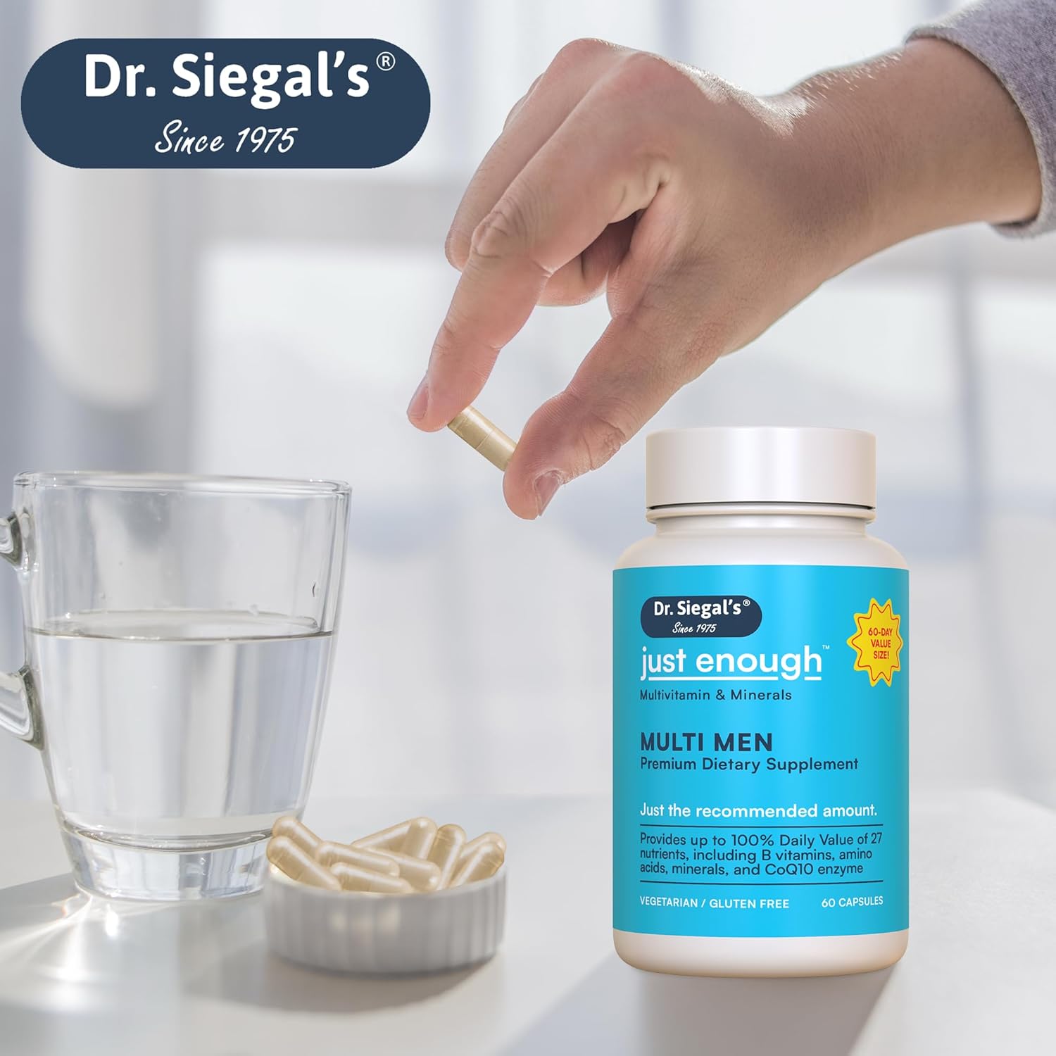 Men's Daily Multivitamin Capsules - 60 Servings of Vegetarian Multivitamins for Men - Mens Multivitamin & Multi Minerals Supplement - Dr. Siegal's Just Enough