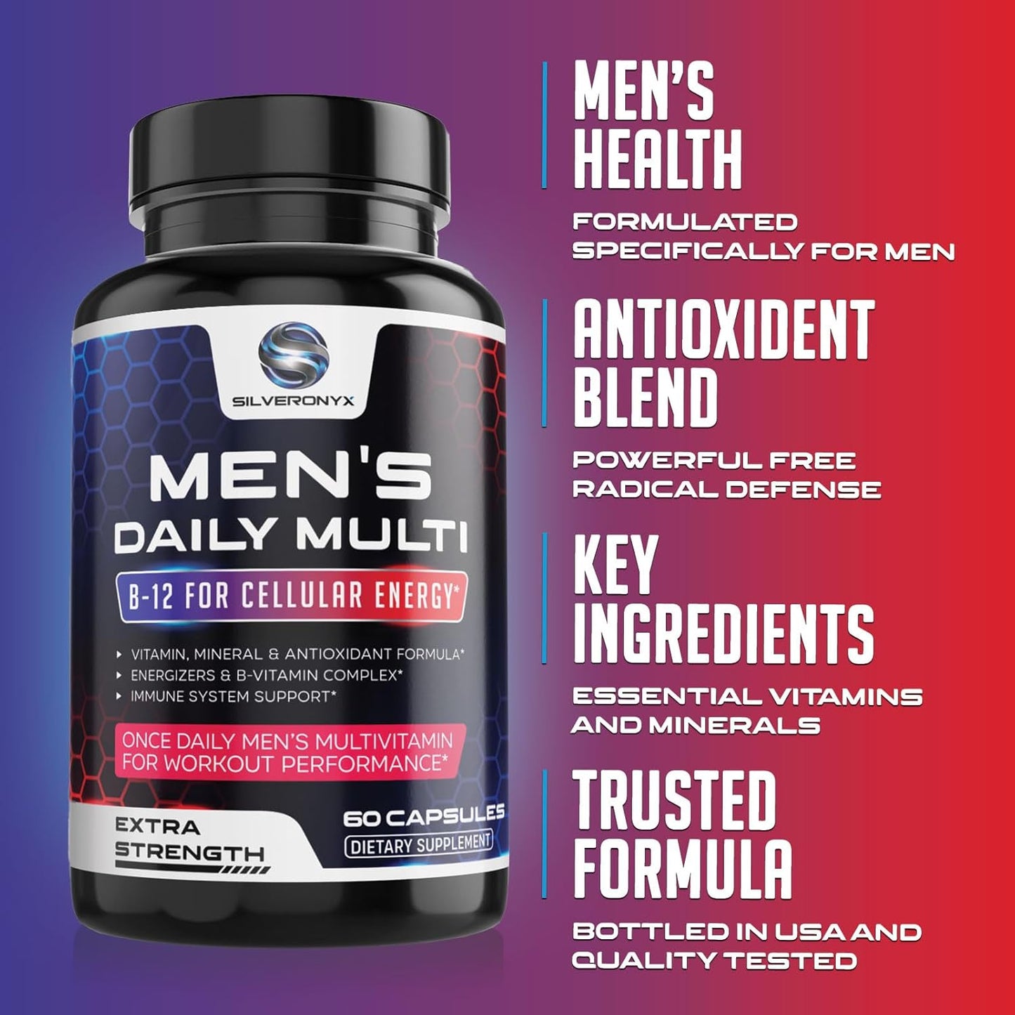 Men's Daily Multivitamin Supplement - Essential Vitamins for Energy, Immune Support, and Overall Health - 60 Capsules