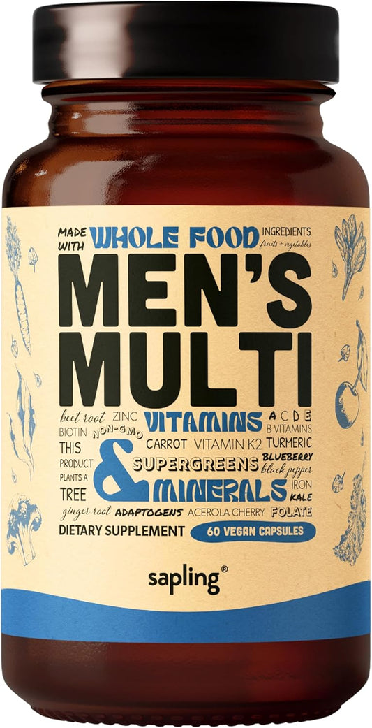 Men's Daily Multivitamin with Methylated B Complex, Whole Food Ingredients, Vitamin B12, Folate, A, C, D3, E, K2, Organic Fruits & Vegetables - Vegan, Non-GMO - 60 Capsules