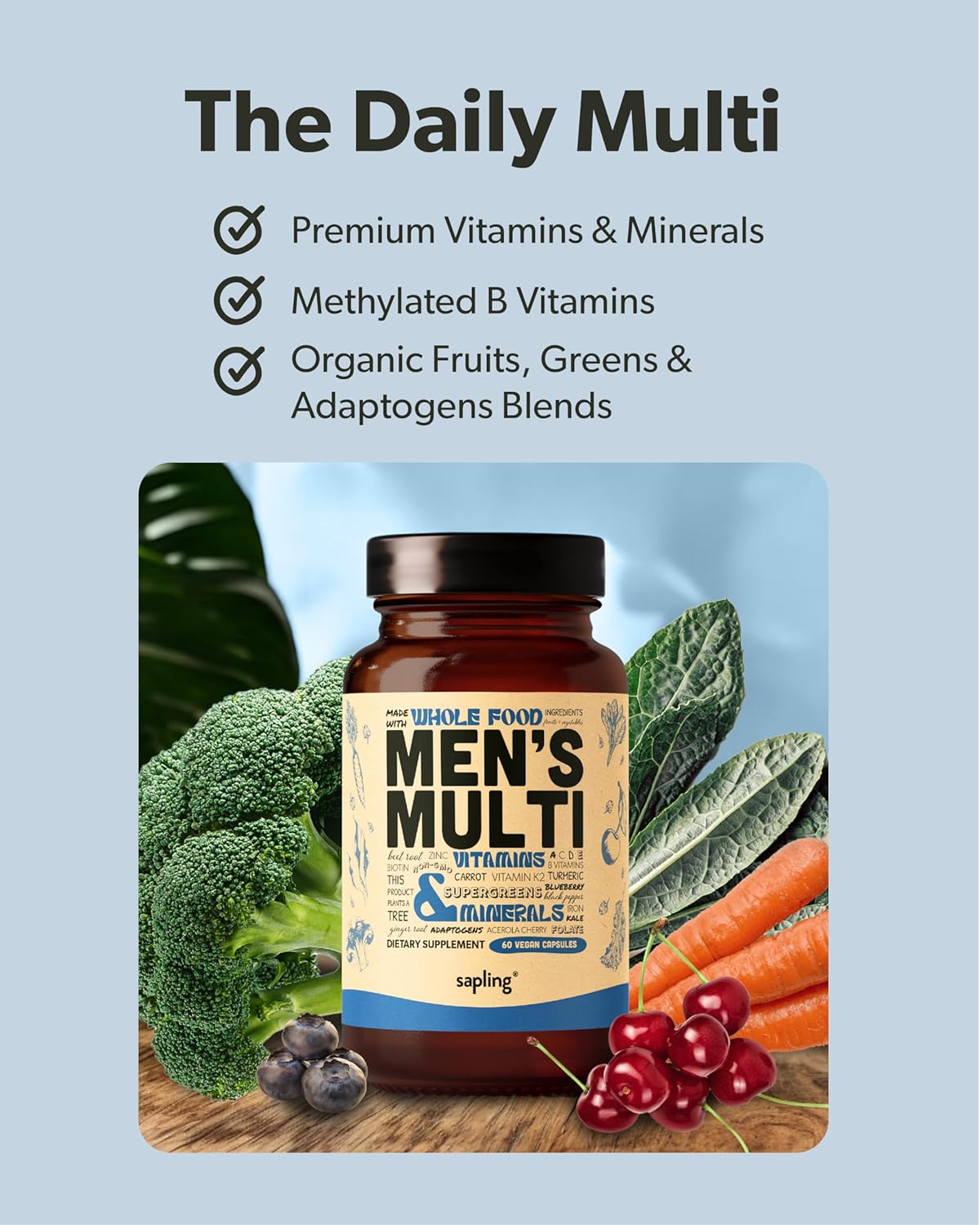 Men's Daily Multivitamin with Methylated B Complex, Whole Food Ingredients, Vitamin B12, Folate, A, C, D3, E, K2, Organic Fruits & Vegetables - Vegan, Non-GMO - 60 Capsules