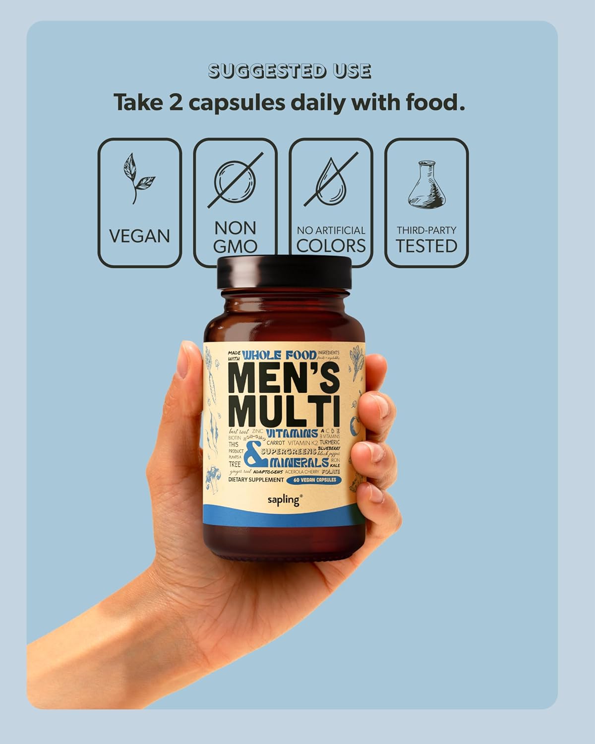 Men's Daily Multivitamin with Methylated B Complex, Whole Food Ingredients, Vitamin B12, Folate, A, C, D3, E, K2, Organic Fruits & Vegetables - Vegan, Non-GMO - 60 Capsules