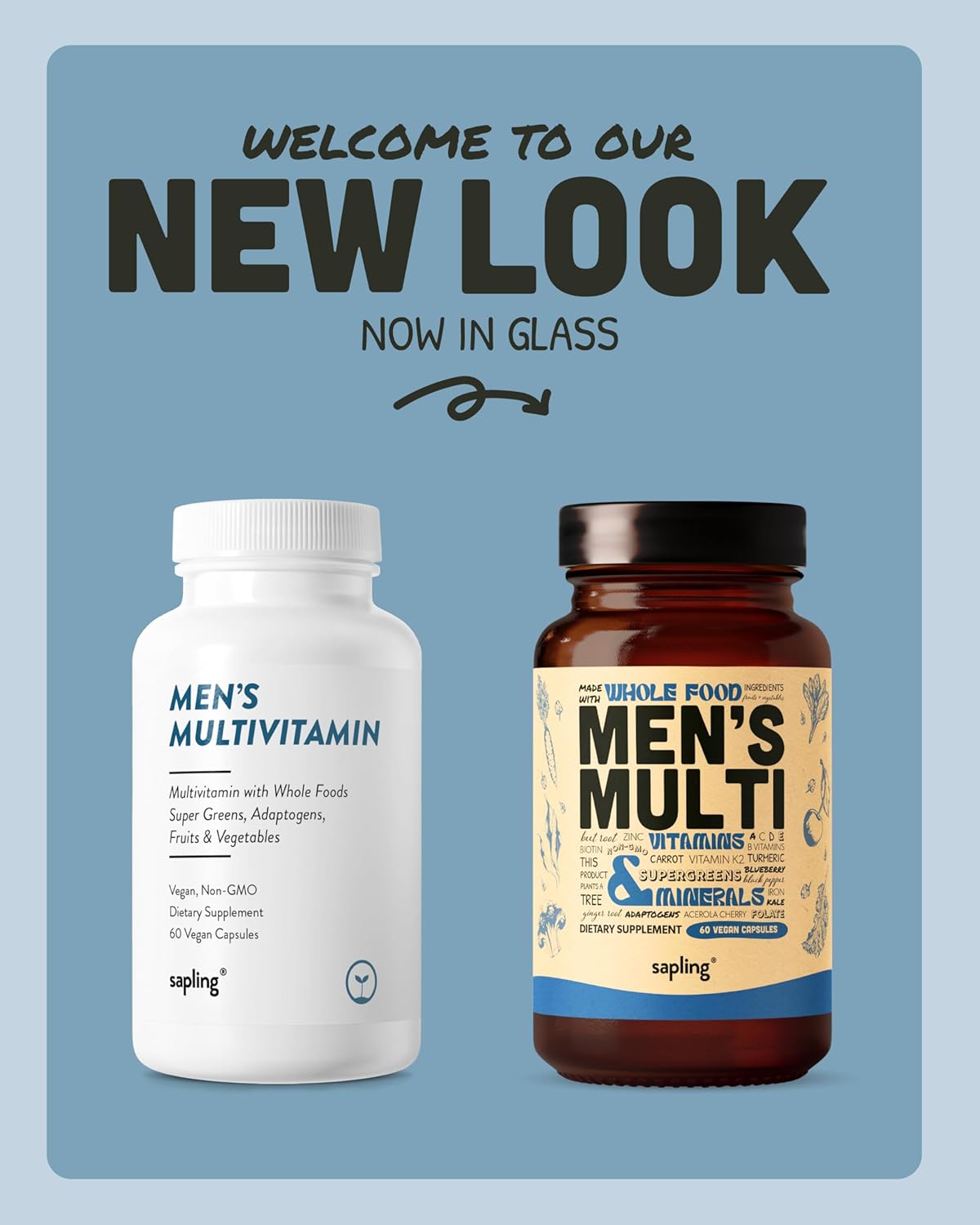 Men's Daily Multivitamin with Methylated B Complex, Whole Food Ingredients, Vitamin B12, Folate, A, C, D3, E, K2, Organic Fruits & Vegetables - Vegan, Non-GMO - 60 Capsules