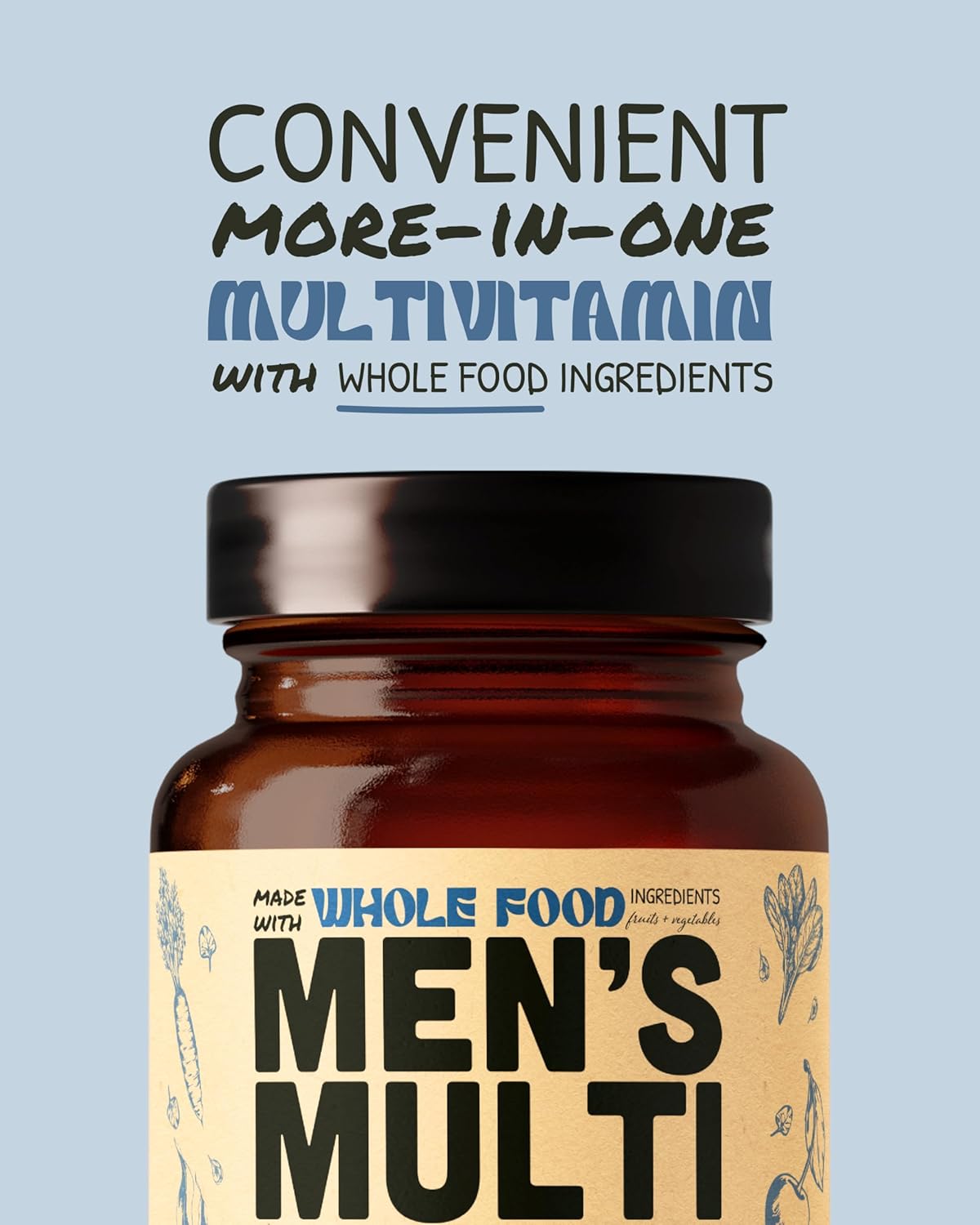 Men's Daily Multivitamin with Methylated B Complex, Whole Food Ingredients, Vitamin B12, Folate, A, C, D3, E, K2, Organic Fruits & Vegetables - Vegan, Non-GMO - 60 Capsules