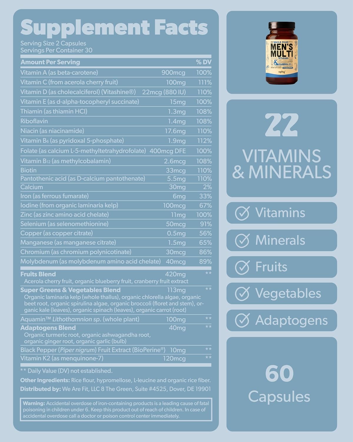 Men's Daily Multivitamin with Methylated B Complex, Whole Food Ingredients, Vitamin B12, Folate, A, C, D3, E, K2, Organic Fruits & Vegetables - Vegan, Non-GMO - 60 Capsules