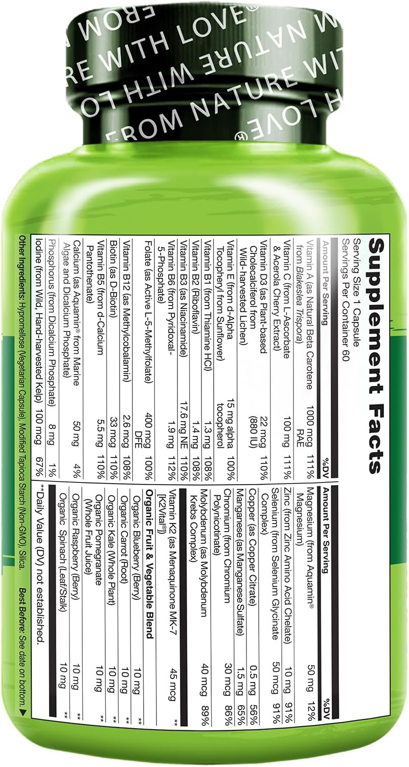 Men's Daily Multivitamin with Organic Whole Foods for Energy and Health - Non-GMO - 60 Capsules - 2 Month Supply