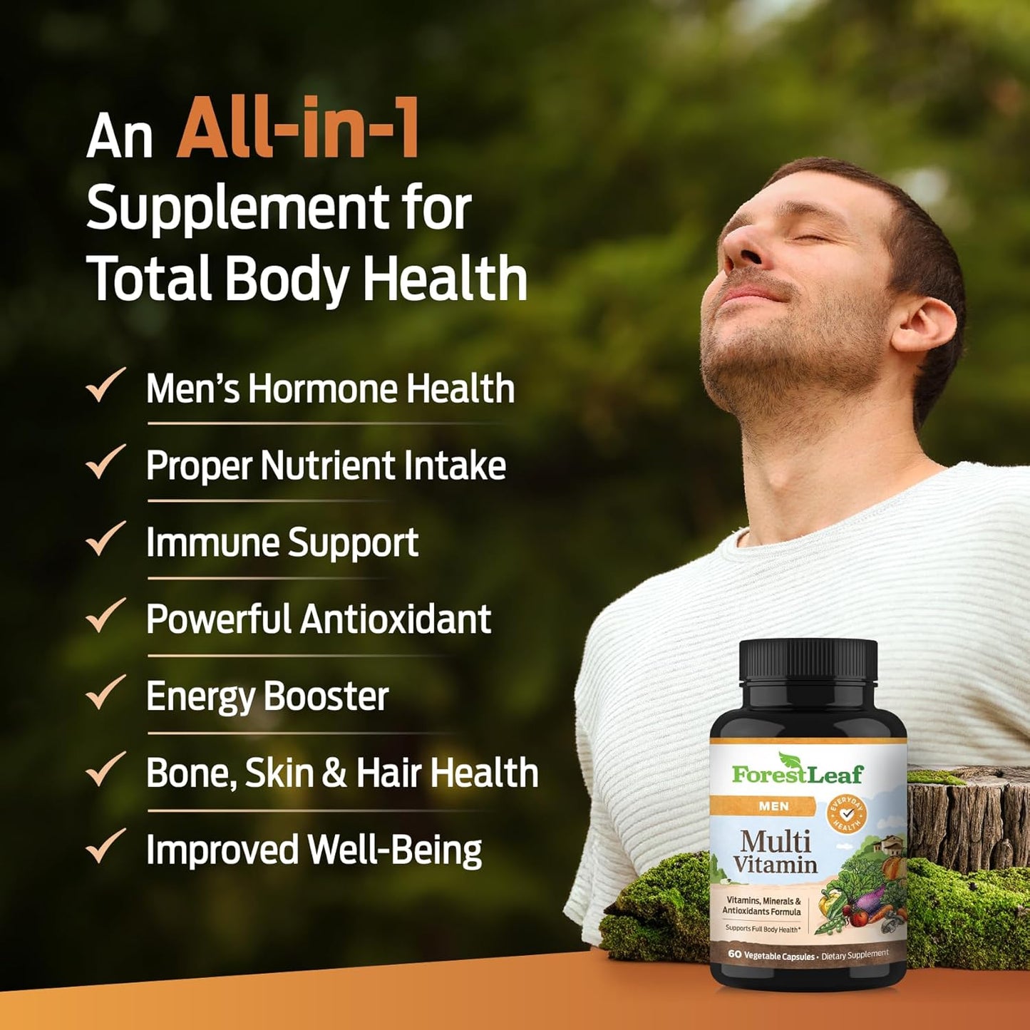 Men's Daily Multivitamin with Vitamin A, C, D, E, B12, Magnesium & Zinc - Energy & Immune Support - Non-GMO - 60 Veg Caps