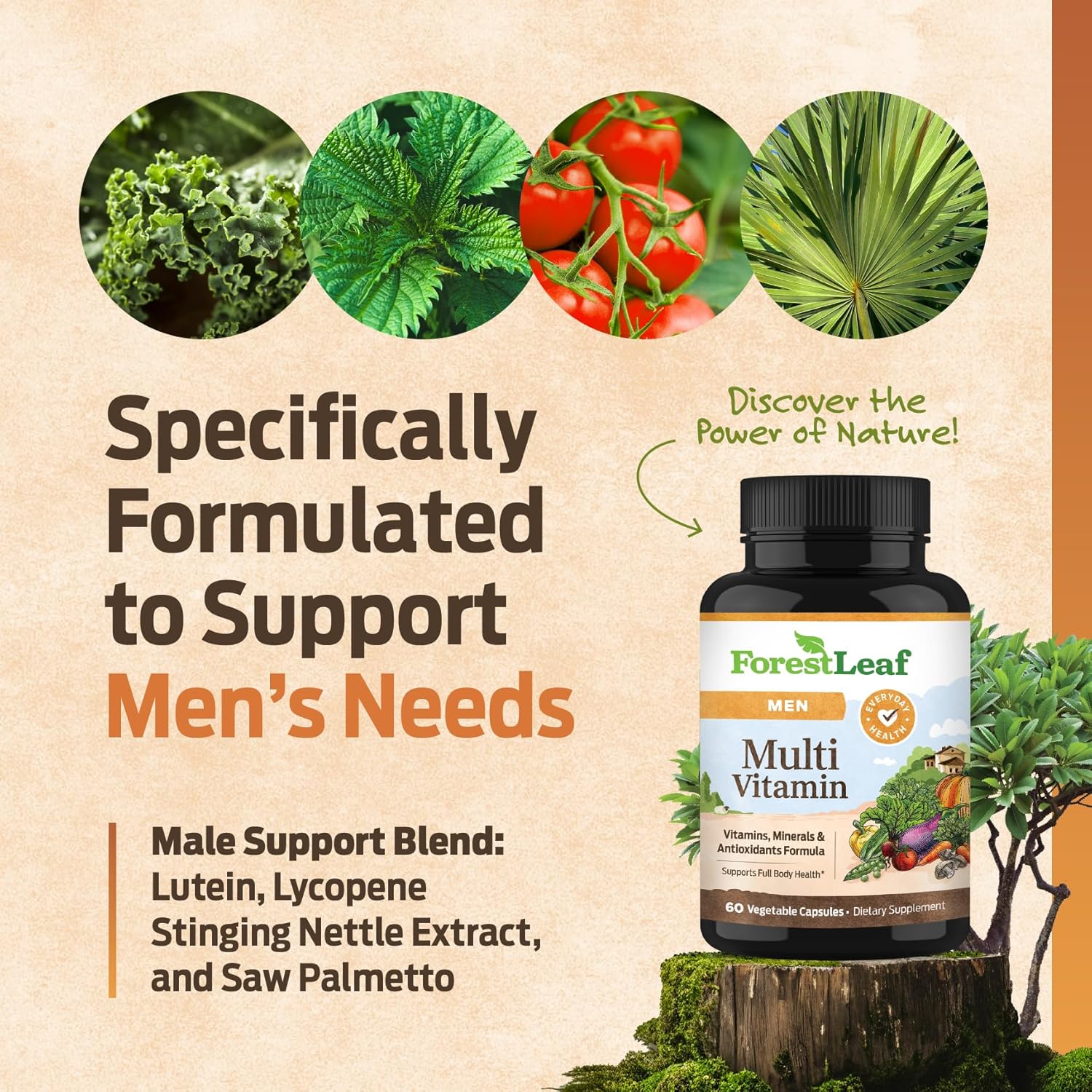 Men's Daily Multivitamin with Vitamin A, C, D, E, B12, Magnesium & Zinc - Energy & Immune Support - Non-GMO - 60 Veg Caps
