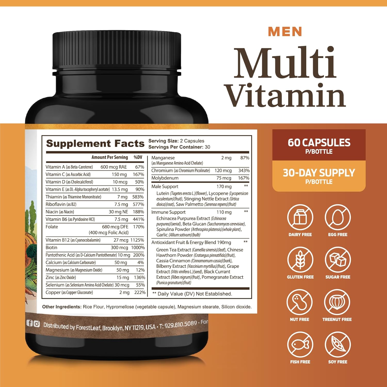 Men's Daily Multivitamin with Vitamin A, C, D, E, B12, Magnesium & Zinc - Energy & Immune Support - Non-GMO - 60 Veg Caps