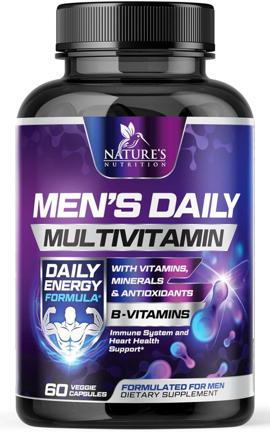 Men's Daily Multivitamin with Vitamin A, C, D, E, B12, Zinc - Immune & Energy Support - 60 Capsules