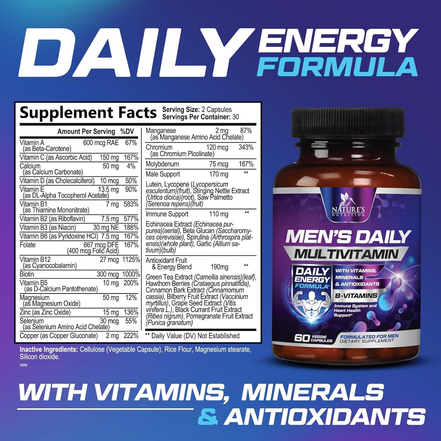 Men's Daily Multivitamin with Vitamin A, C, D, E, B12, Zinc - Immune & Energy Support - 60 Capsules