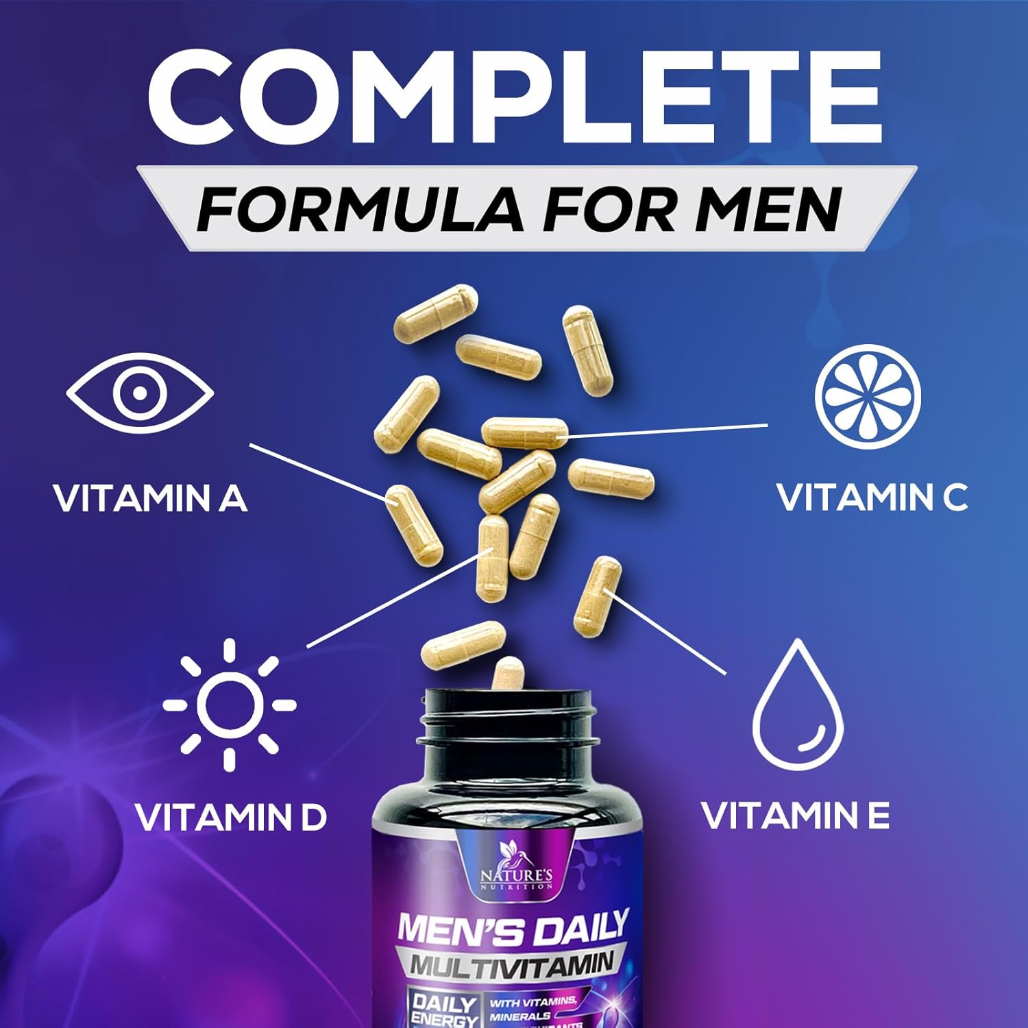 Men's Daily Multivitamin with Vitamin A, C, D, E, B12, Zinc - Immune & Energy Support - 60 Capsules