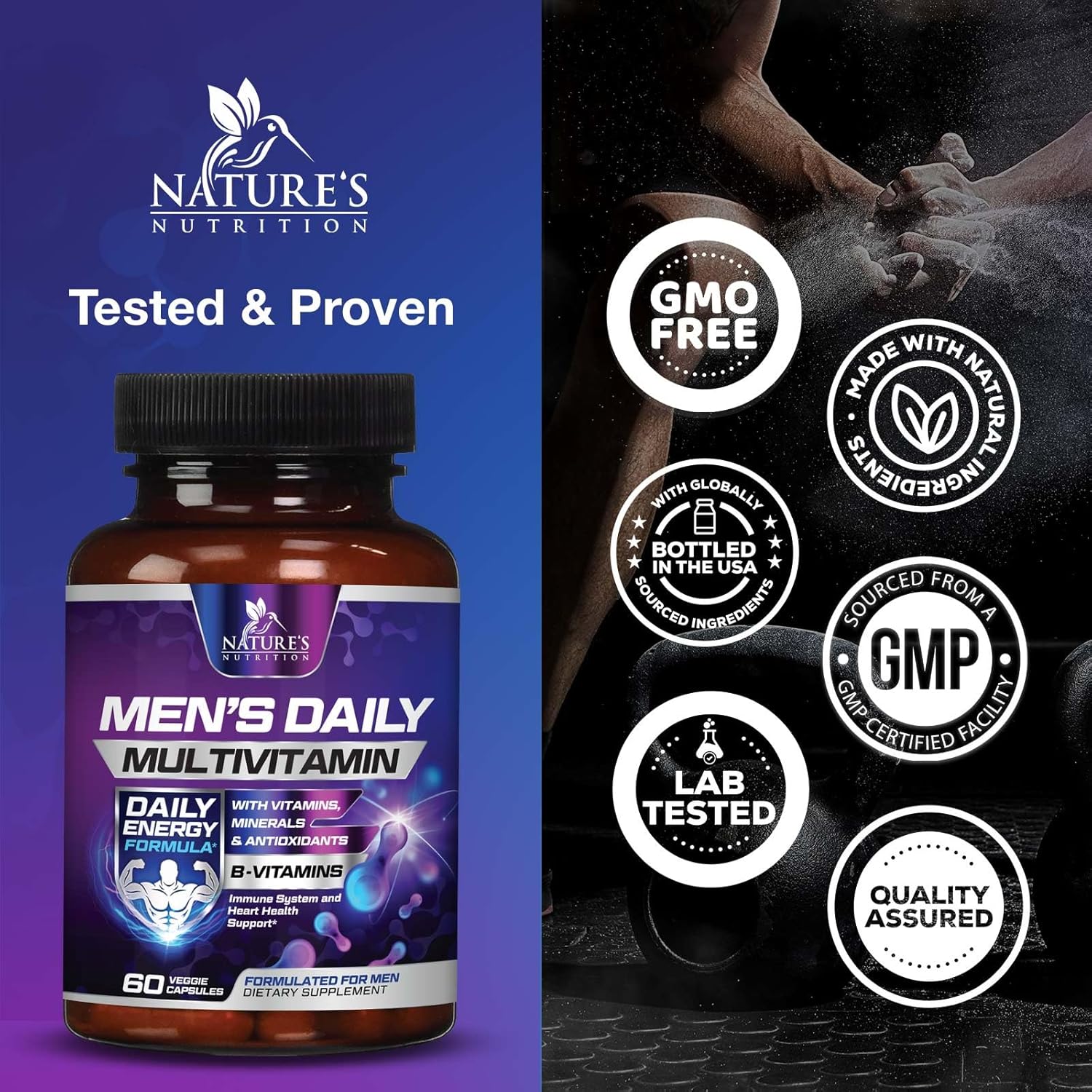 Men's Daily Multivitamin with Vitamin A, C, D, E, B12, Zinc - Immune & Energy Support - 60 Capsules