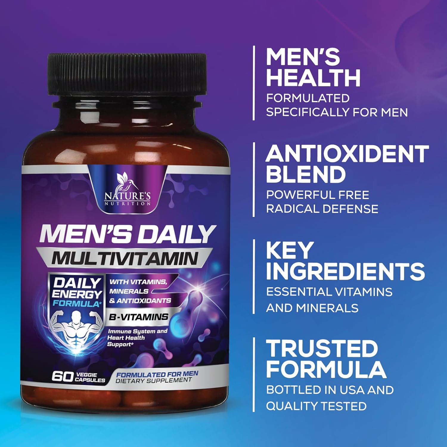 Men's Daily Multivitamin with Vitamin A, C, D, E, B12, Zinc - Immune & Energy Support - 60 Capsules