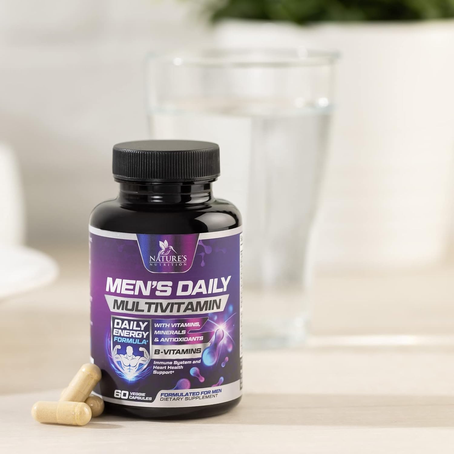 Men's Daily Multivitamin with Vitamin A, C, D, E, B12, Zinc - Immune & Energy Support - 60 Capsules