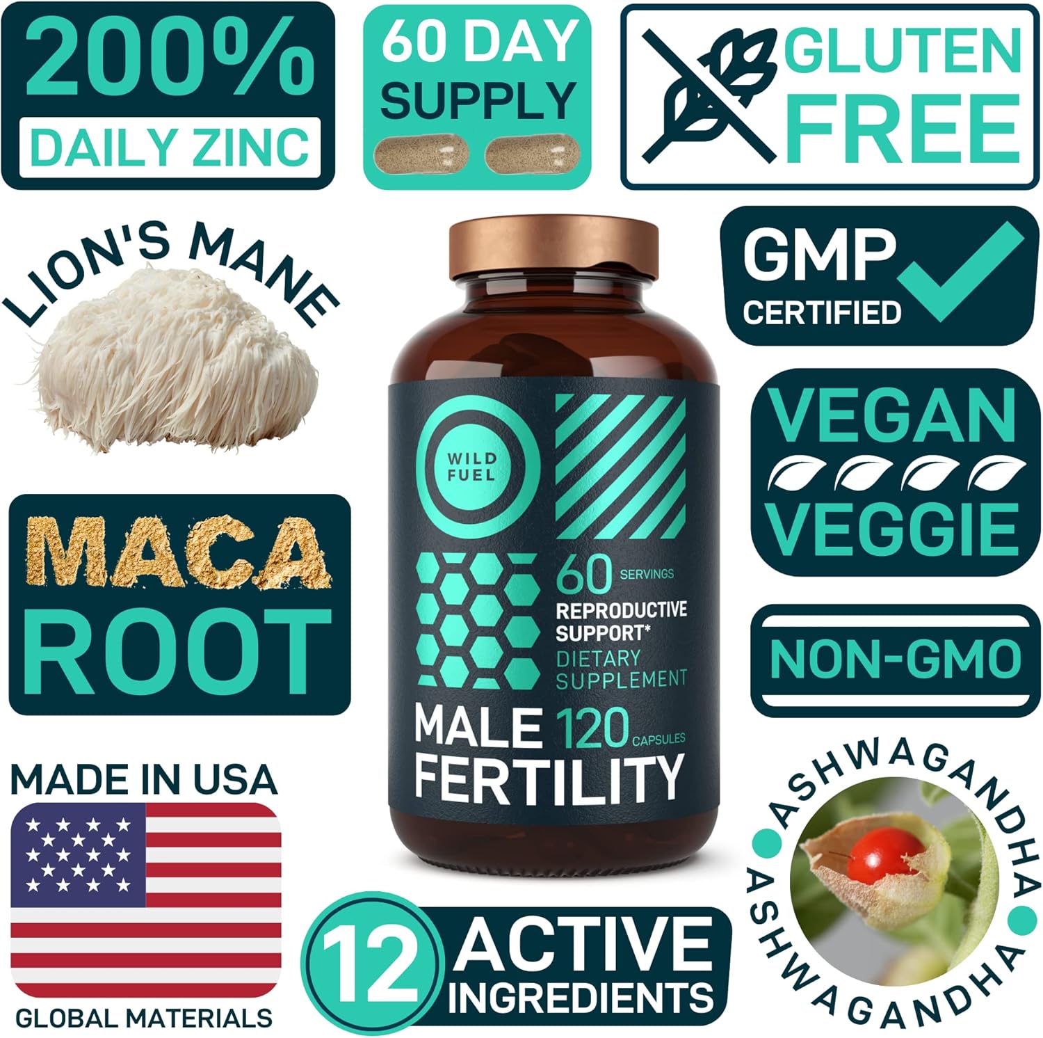 Men's Fertility Support Supplements with Maca Root, Ashwagandha, and Zinc - Natural Prenatal Vitamins for Him - 120 Capsules for 60 Days