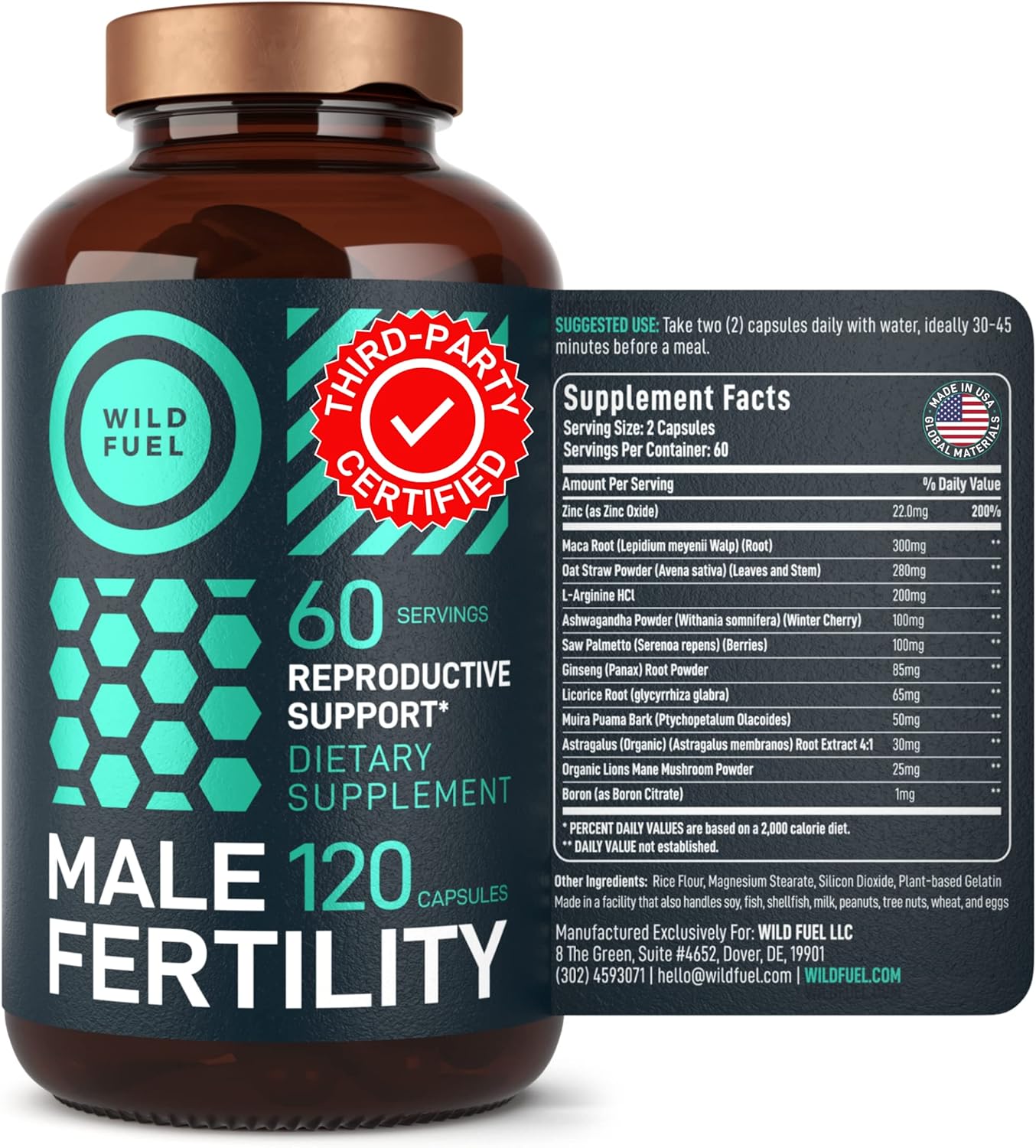 Men's Fertility Support Supplements with Maca Root, Ashwagandha, and Zinc - Natural Prenatal Vitamins for Him - 120 Capsules for 60 Days