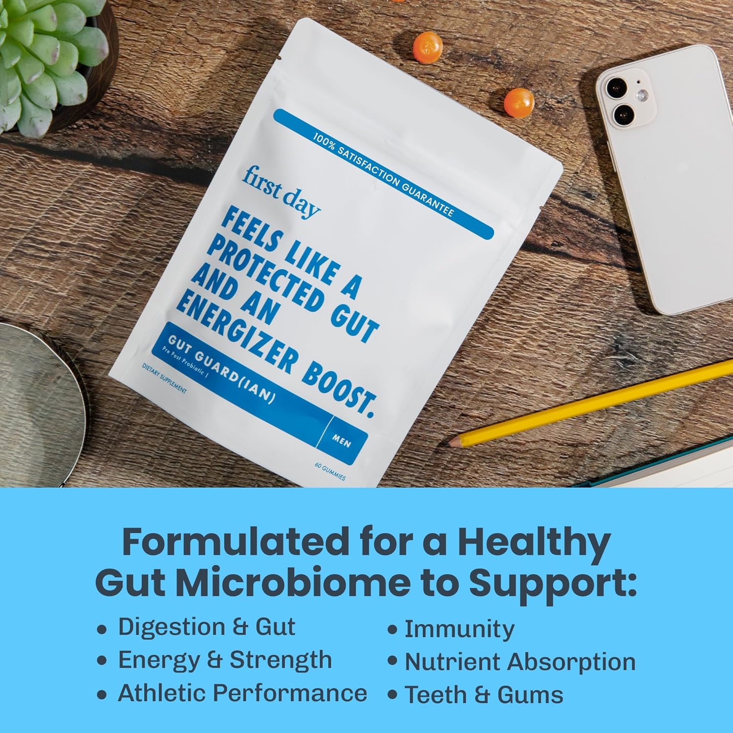 Men’s Gut Guardian Tribiotic Gummies: 3-in-1 Prebiotic, Probiotic & Postbiotic for Digestive, Oral Health & Immune Support - 30 Days