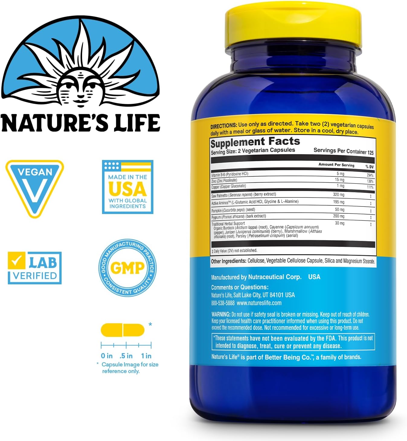 Men's Health Prostate Support Supplement - Saw Palmetto, Pygeum, and Zinc - 250 Capsules, 125 Servings - Vegetarian Formula