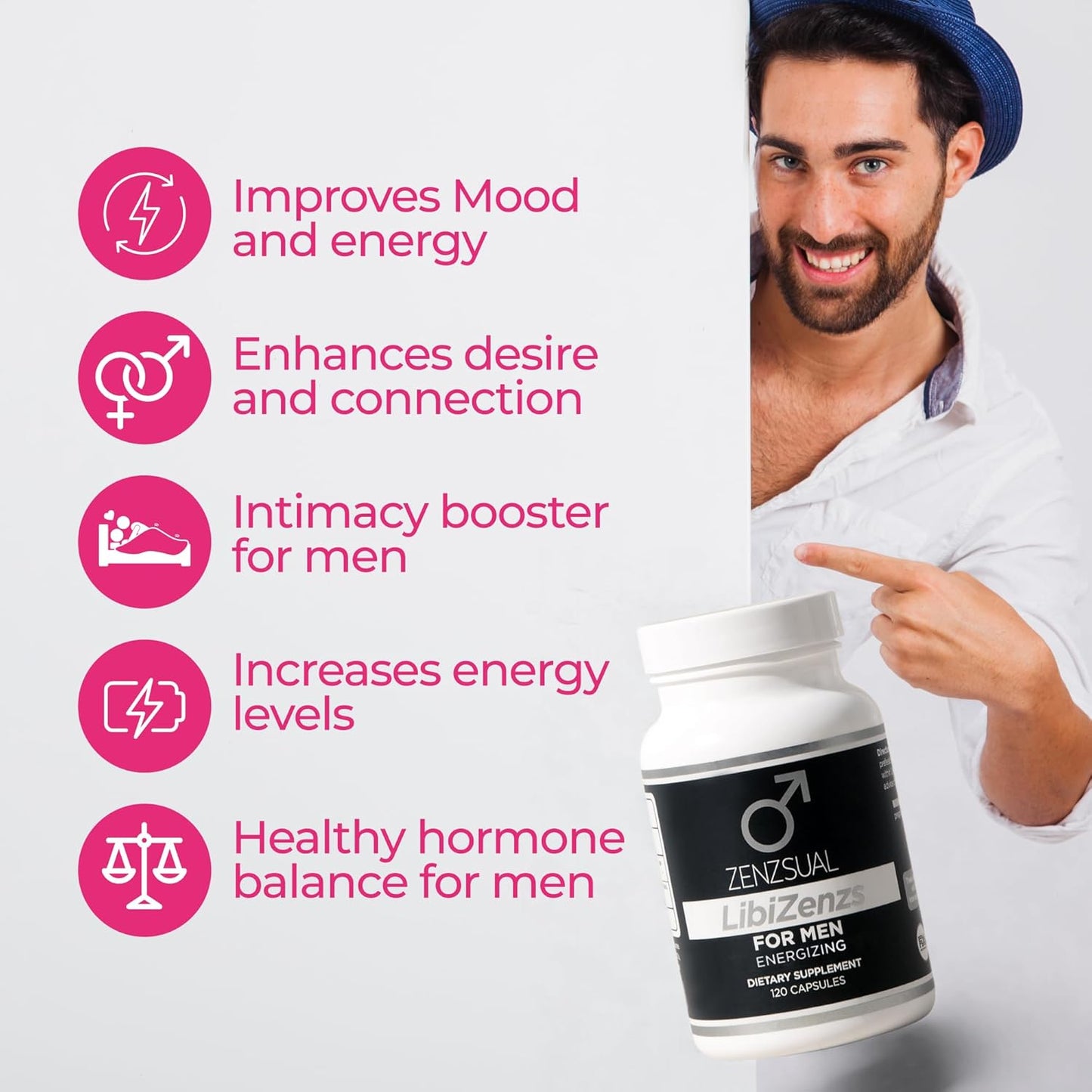 Men's Libido Boosting Supplement - Natural Blend with Ginseng, Maca, Ashwagandha - Increases Testosterone - Gluten Free (120 Caps)