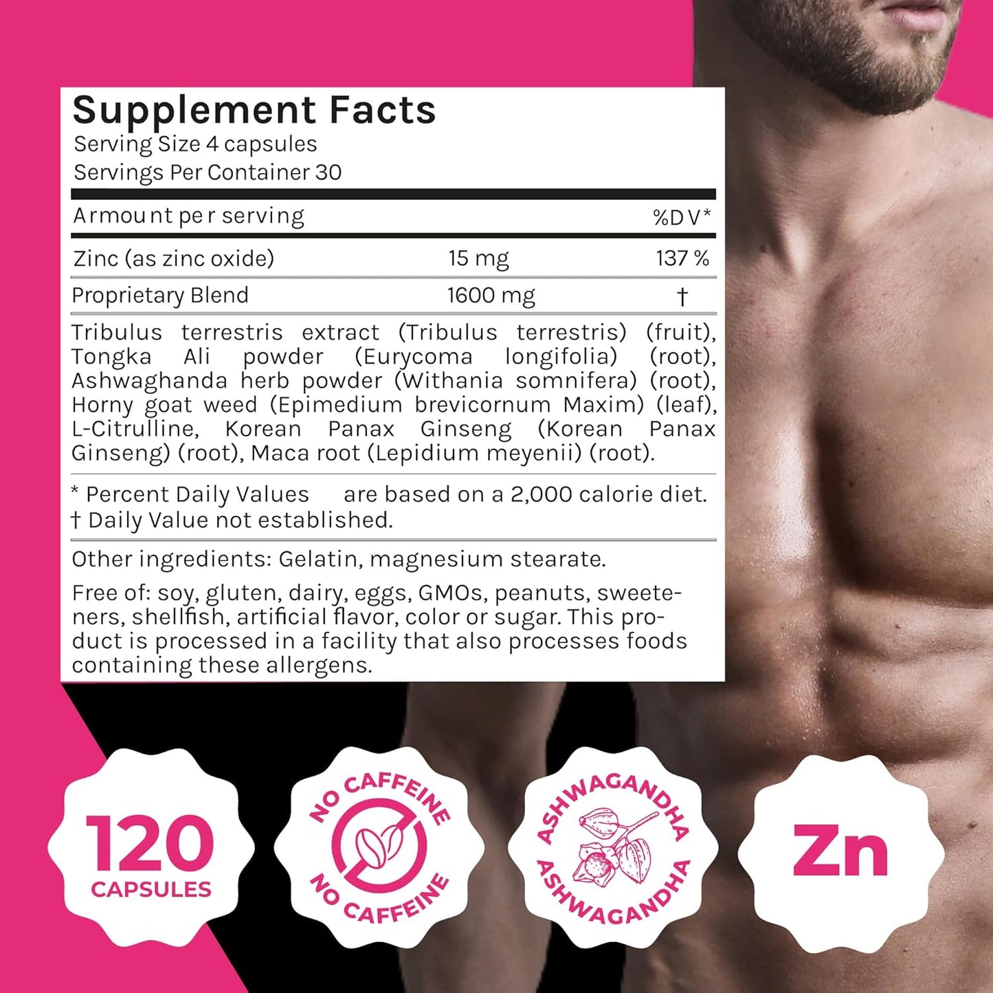 Men's Libido Boosting Supplement - Natural Blend with Ginseng, Maca, Ashwagandha - Increases Testosterone - Gluten Free (120 Caps)
