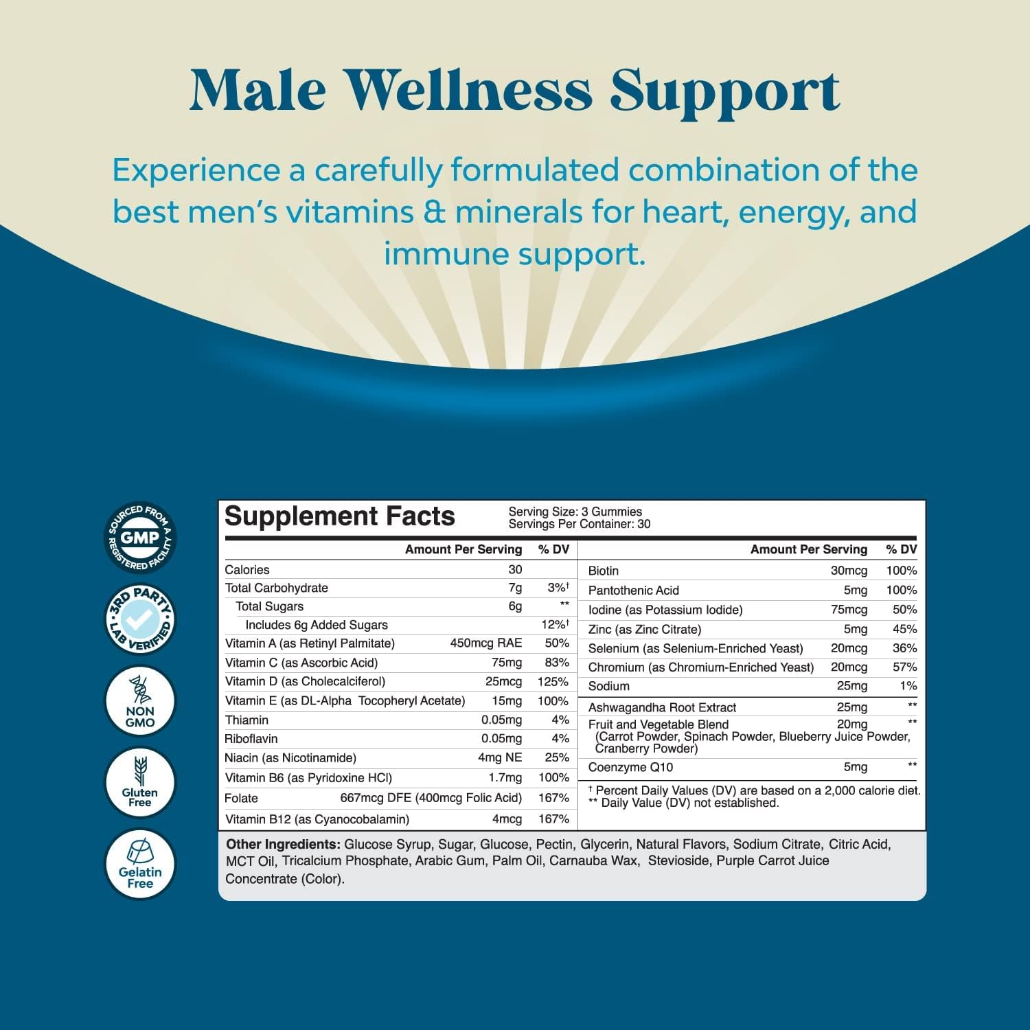Men's Multivitamin Gummies with Superfood Complex, CoQ10, and Ashwagandha - Daily Energy and Immunity Support - Vegetarian (2 Month Supply)