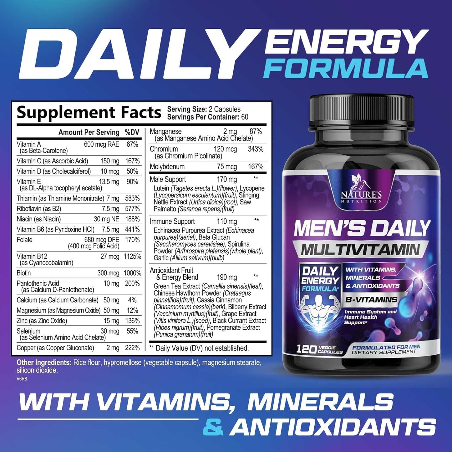 Men's Multivitamin with Vitamin A, C, D, E, B12, Zinc - Daily Nutritional Support Supplement for Immune Health & Energy - 120 Capsules