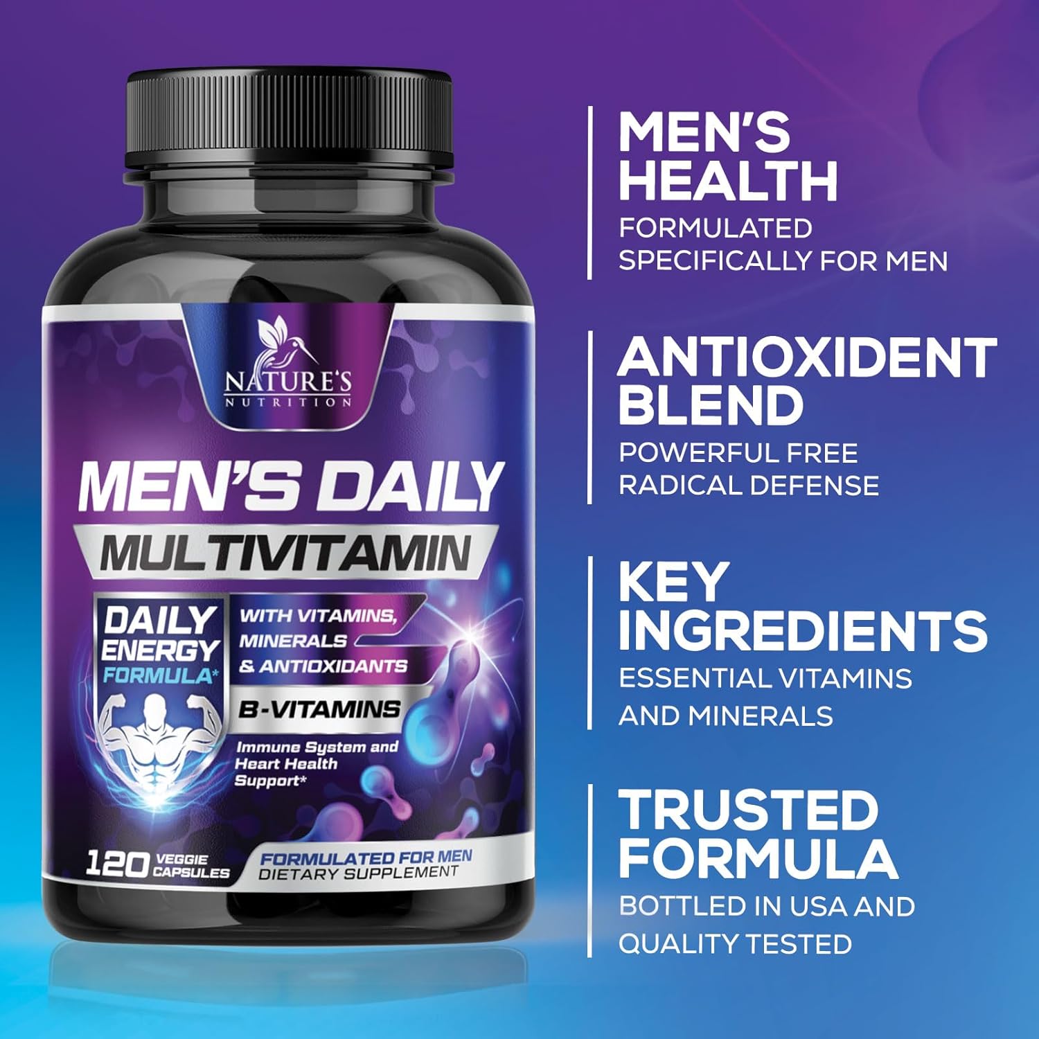 Men's Multivitamin with Vitamin A, C, D, E, B12, Zinc - Daily Nutritional Support Supplement for Immune Health & Energy - 120 Capsules