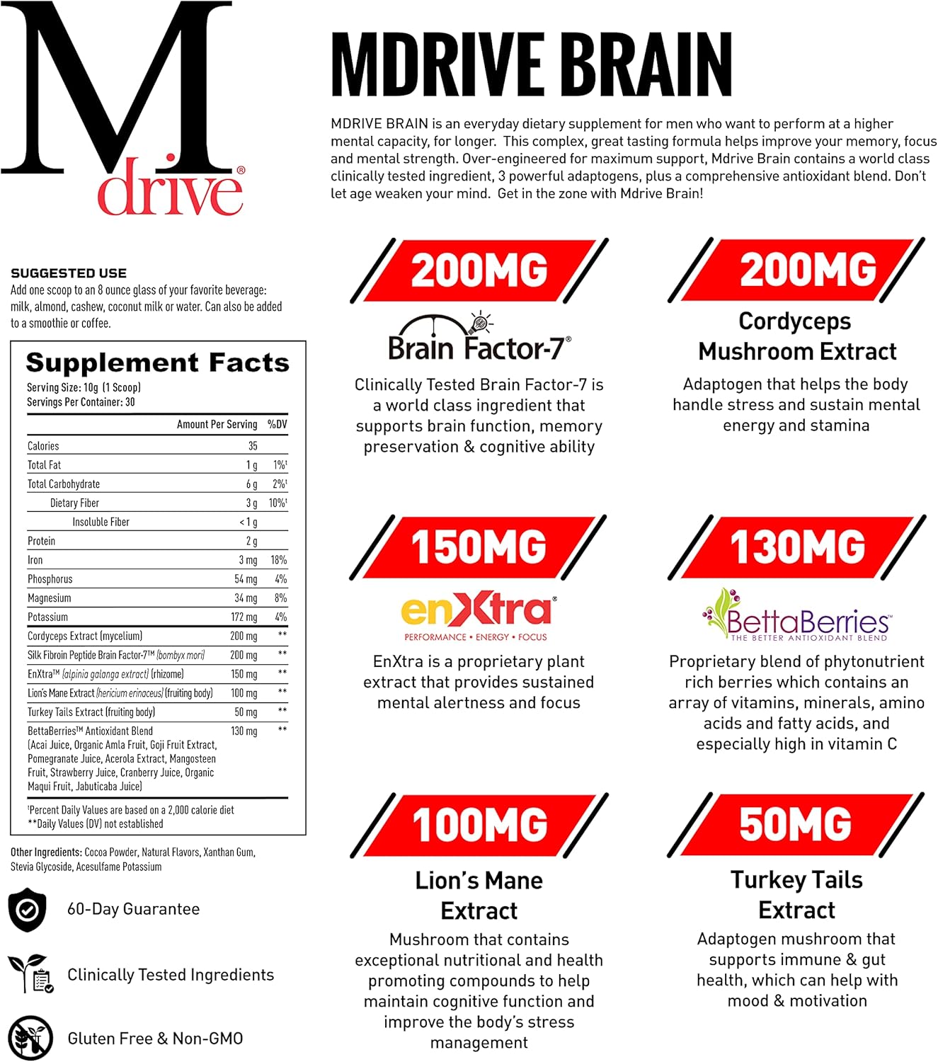 Men's Nootropic Brain Shake - Boost Memory, Focus, and Cognitive Function - Chocolate Berry Flavor - 30 Servings