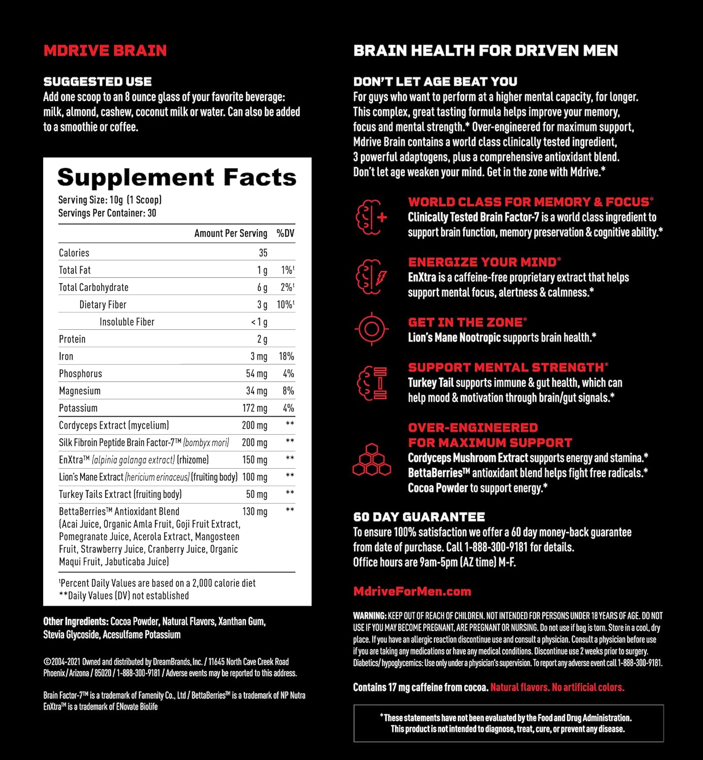Men's Nootropic Brain Shake - Boost Memory, Focus, and Cognitive Function - Chocolate Berry Flavor - 30 Servings
