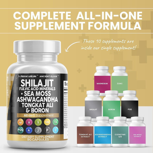 Men's Nutraceutical Shilajit Supplement with Sea Moss, Ashwagandha, Tongkat Ali, Boron, Magnesium - 90 Capsules