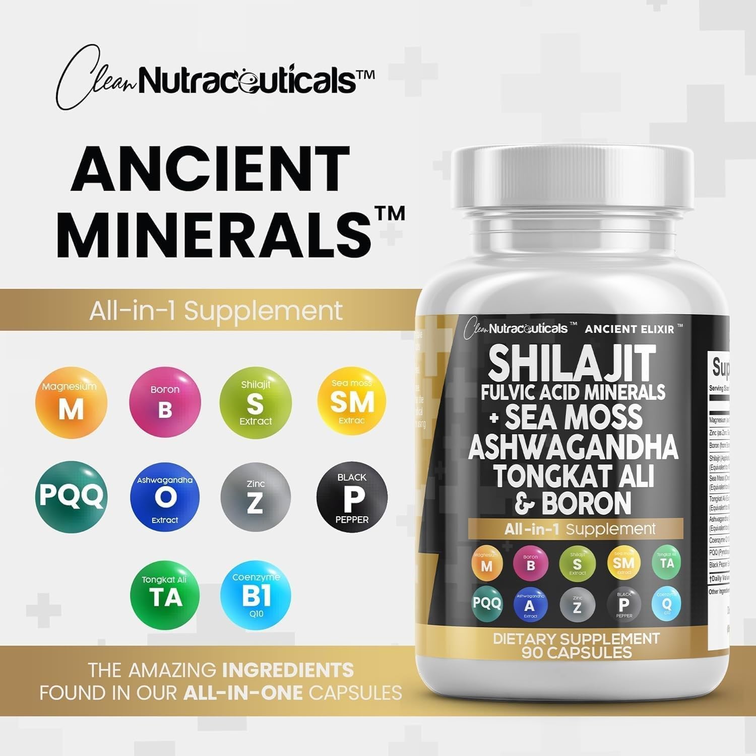 Men's Nutraceutical Shilajit Supplement with Sea Moss, Ashwagandha, Tongkat Ali, Boron, Magnesium - 90 Capsules