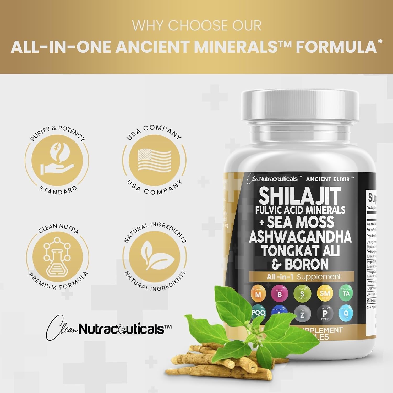 Men's Nutraceutical Shilajit Supplement with Sea Moss, Ashwagandha, Tongkat Ali, Boron, Magnesium - 90 Capsules