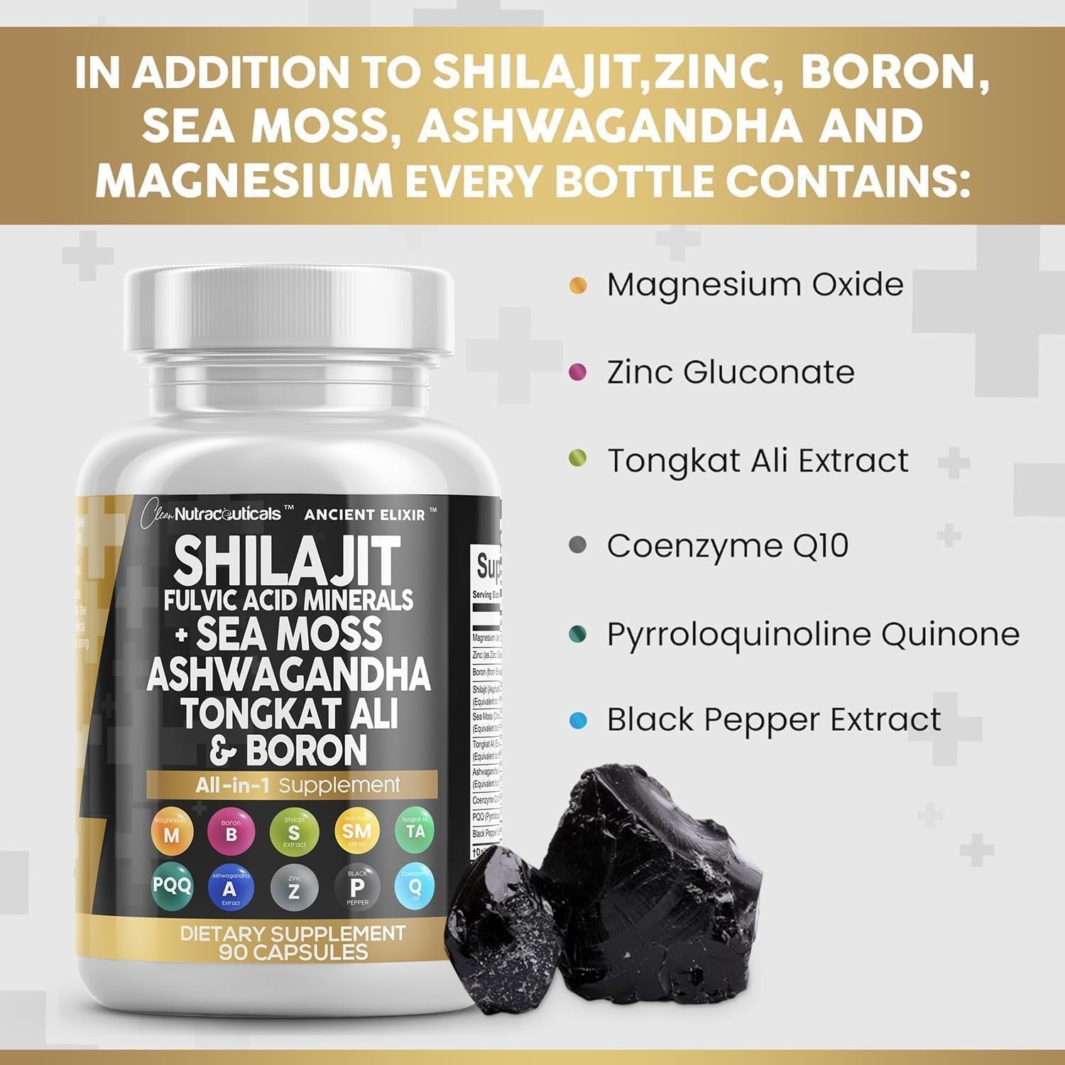 Men's Nutraceutical Shilajit Supplement with Sea Moss, Ashwagandha, Tongkat Ali, Boron, Magnesium - 90 Capsules