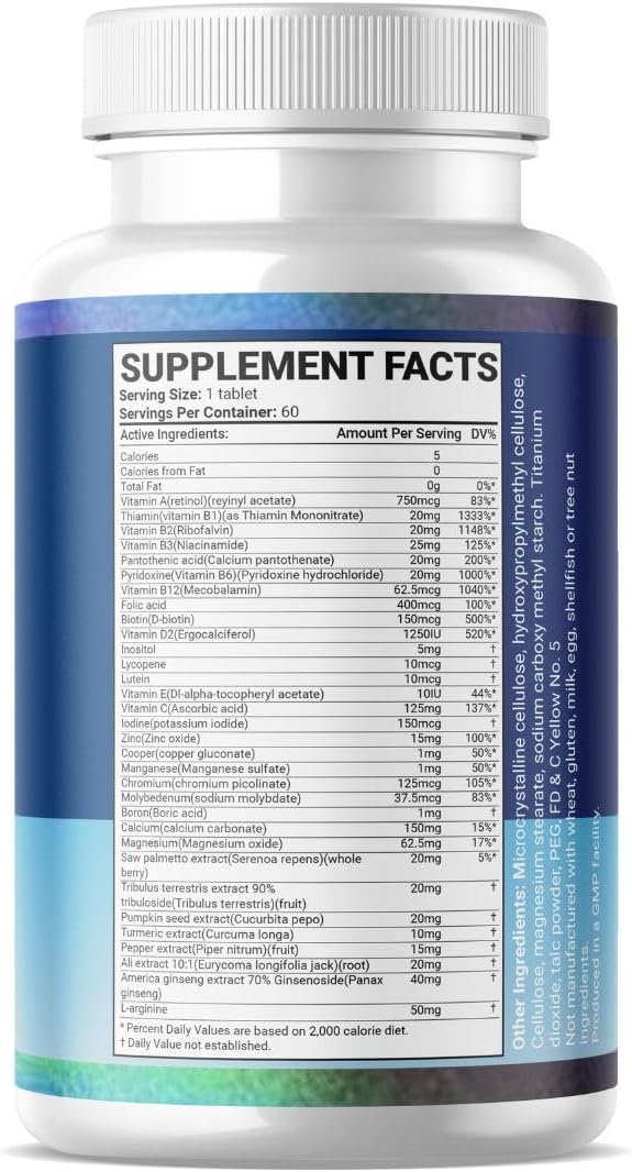 Men's Organic Daily Multivitamin & Multimineral Supplement for Enhanced Energy - Effortless Multi Vitamin with 60 Tablets